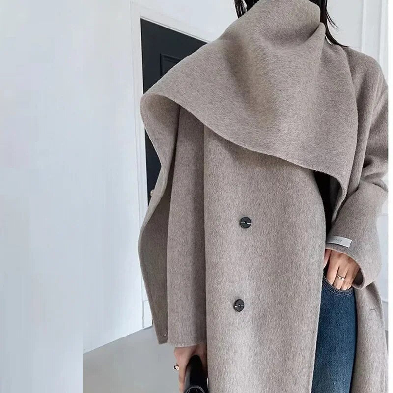 2023 Spring And Winter New Shawl Scarf Collar Double-breasted Solid Color Women's Double-sided Woolen Belt Coats 2R4921