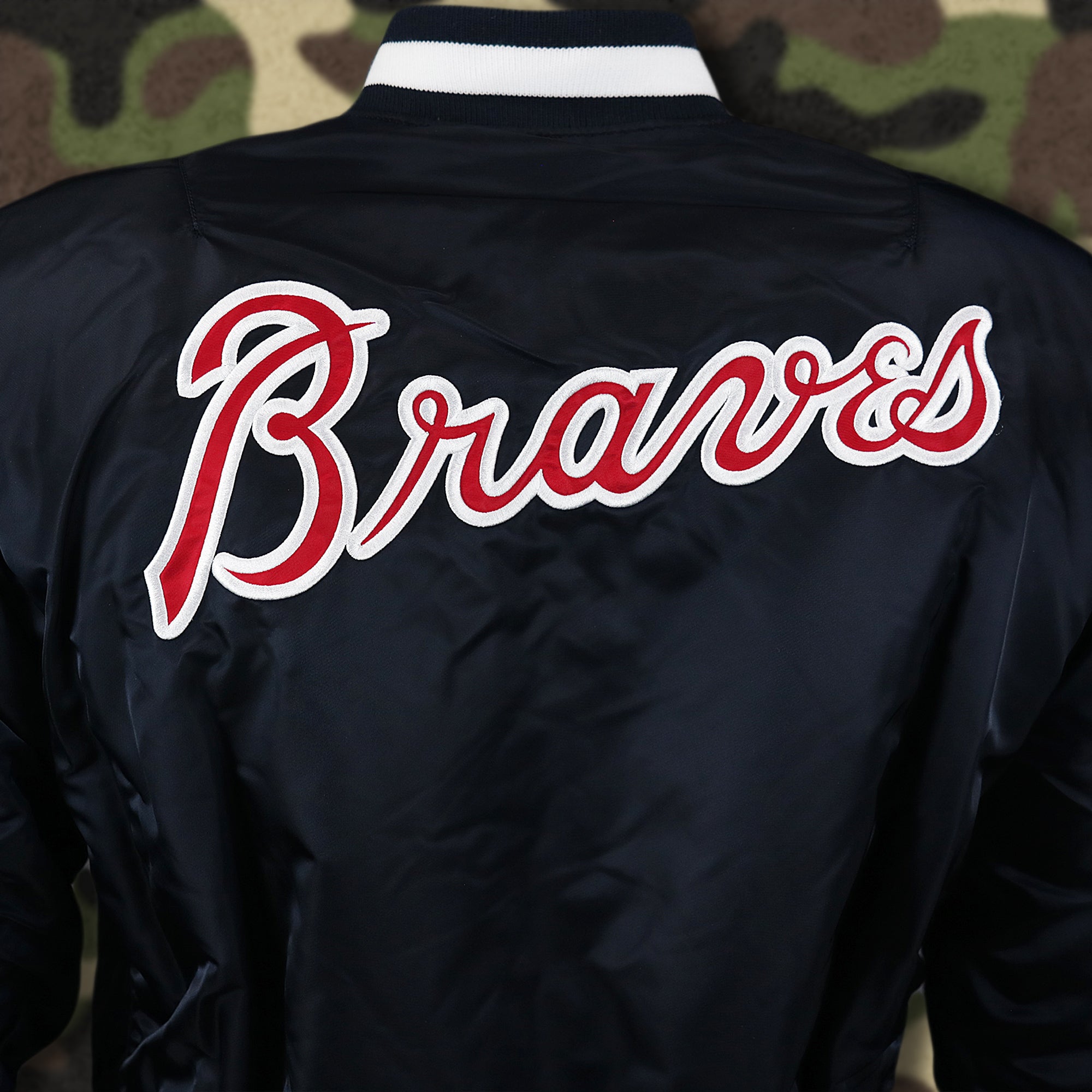 Atlanta Braves MLB Patch Alpha Industries Reversible Bomber Jacket With Camo Liner | Navy Blue Bomber Jacket