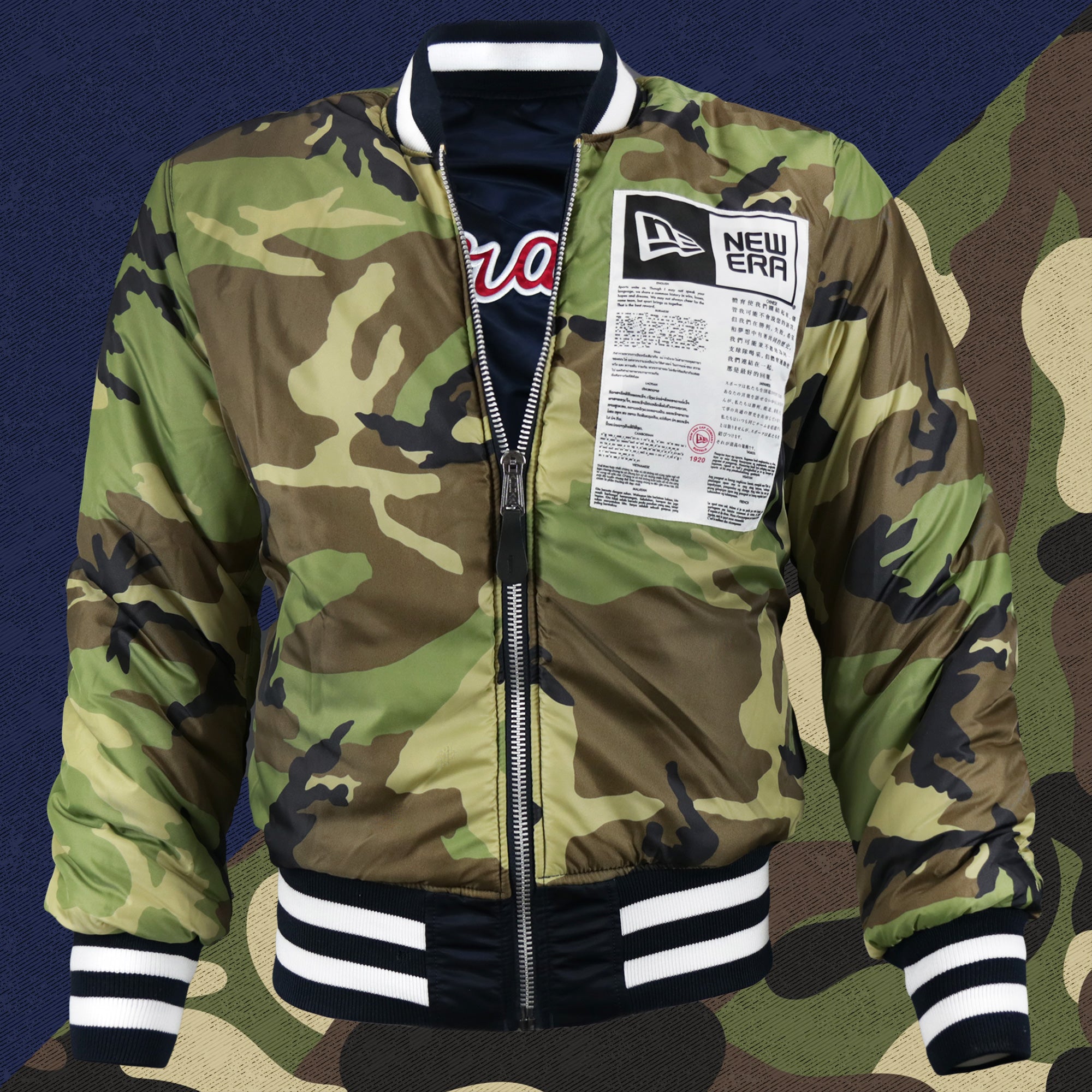 Atlanta Braves MLB Patch Alpha Industries Reversible Bomber Jacket With Camo Liner | Navy Blue Bomber Jacket