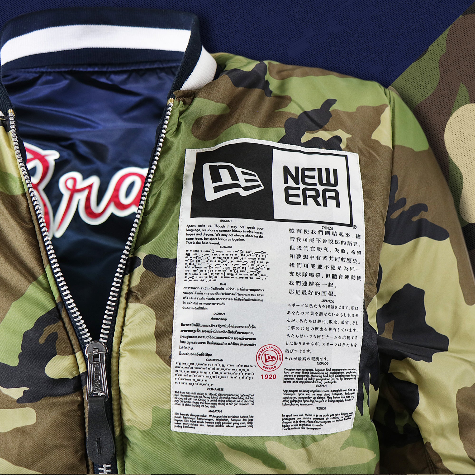 Atlanta Braves MLB Patch Alpha Industries Reversible Bomber Jacket With Camo Liner | Navy Blue Bomber Jacket