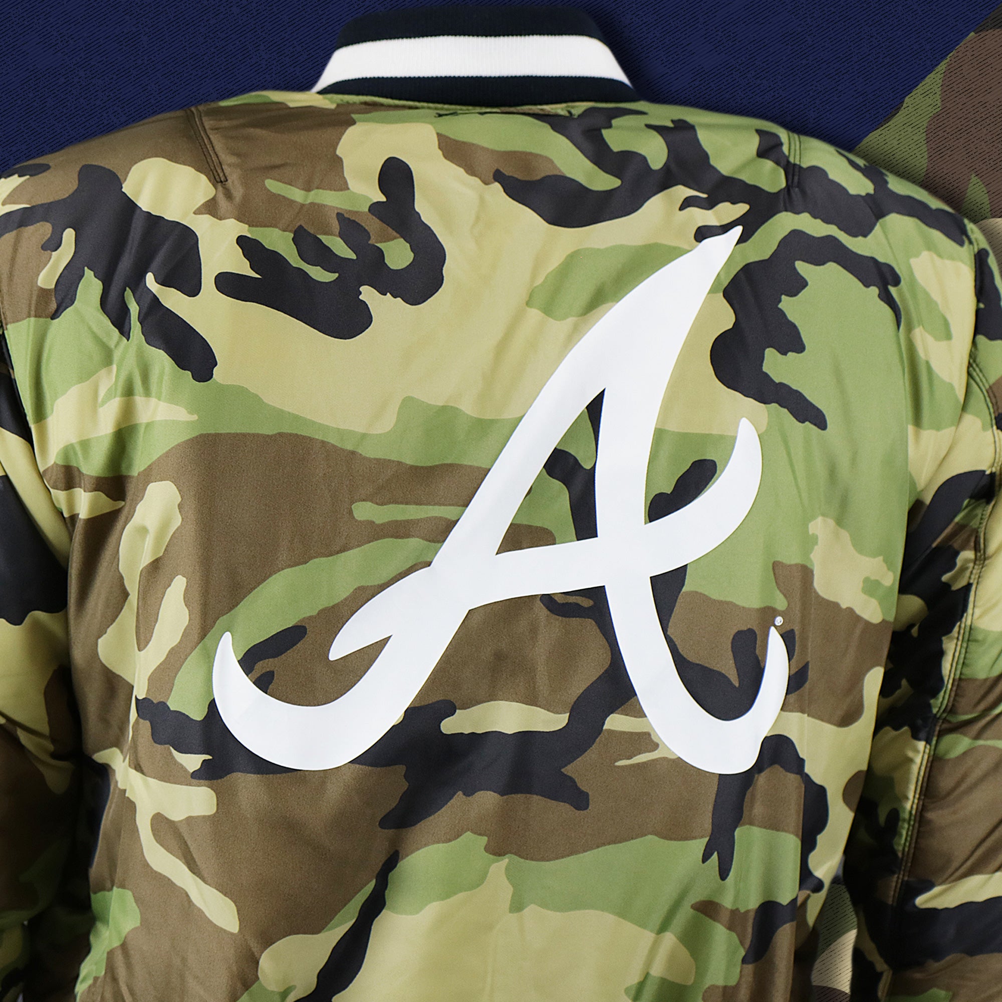 Atlanta Braves MLB Patch Alpha Industries Reversible Bomber Jacket With Camo Liner | Navy Blue Bomber Jacket