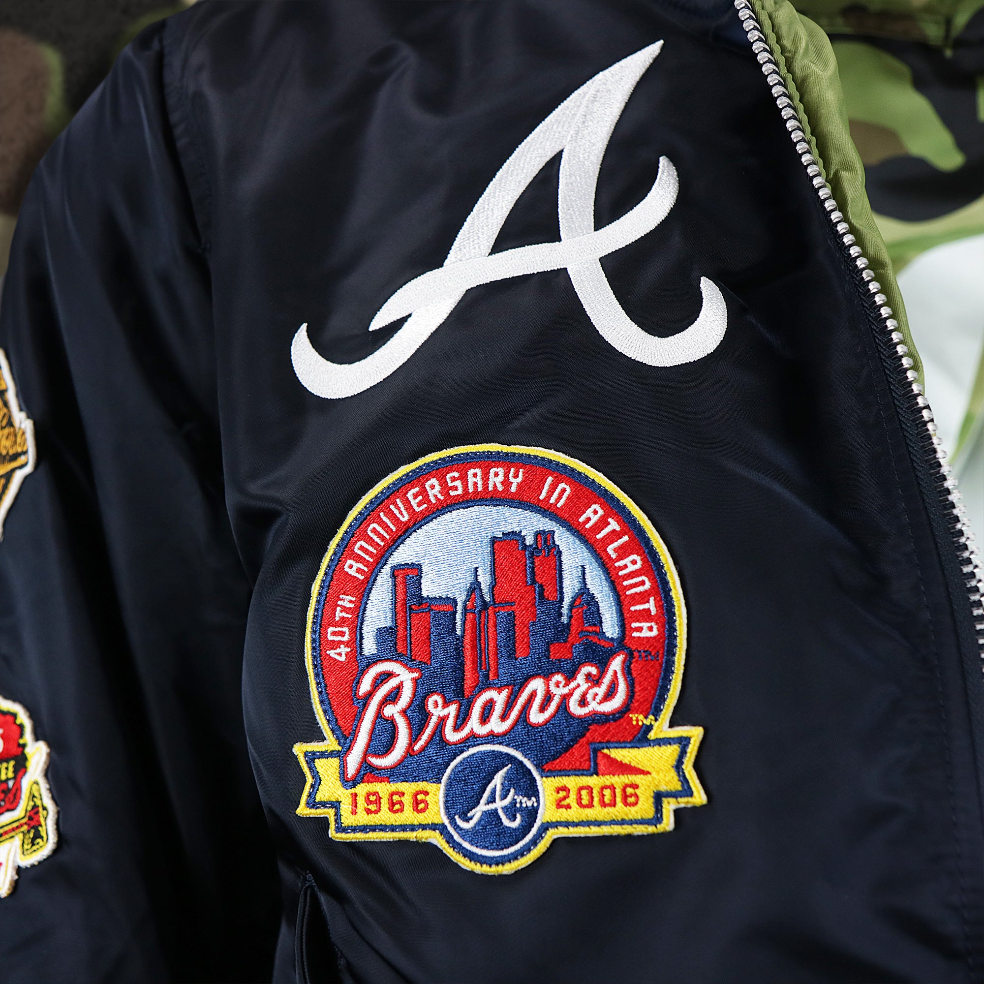 Atlanta Braves MLB Patch Alpha Industries Reversible Bomber Jacket With Camo Liner | Navy Blue Bomber Jacket