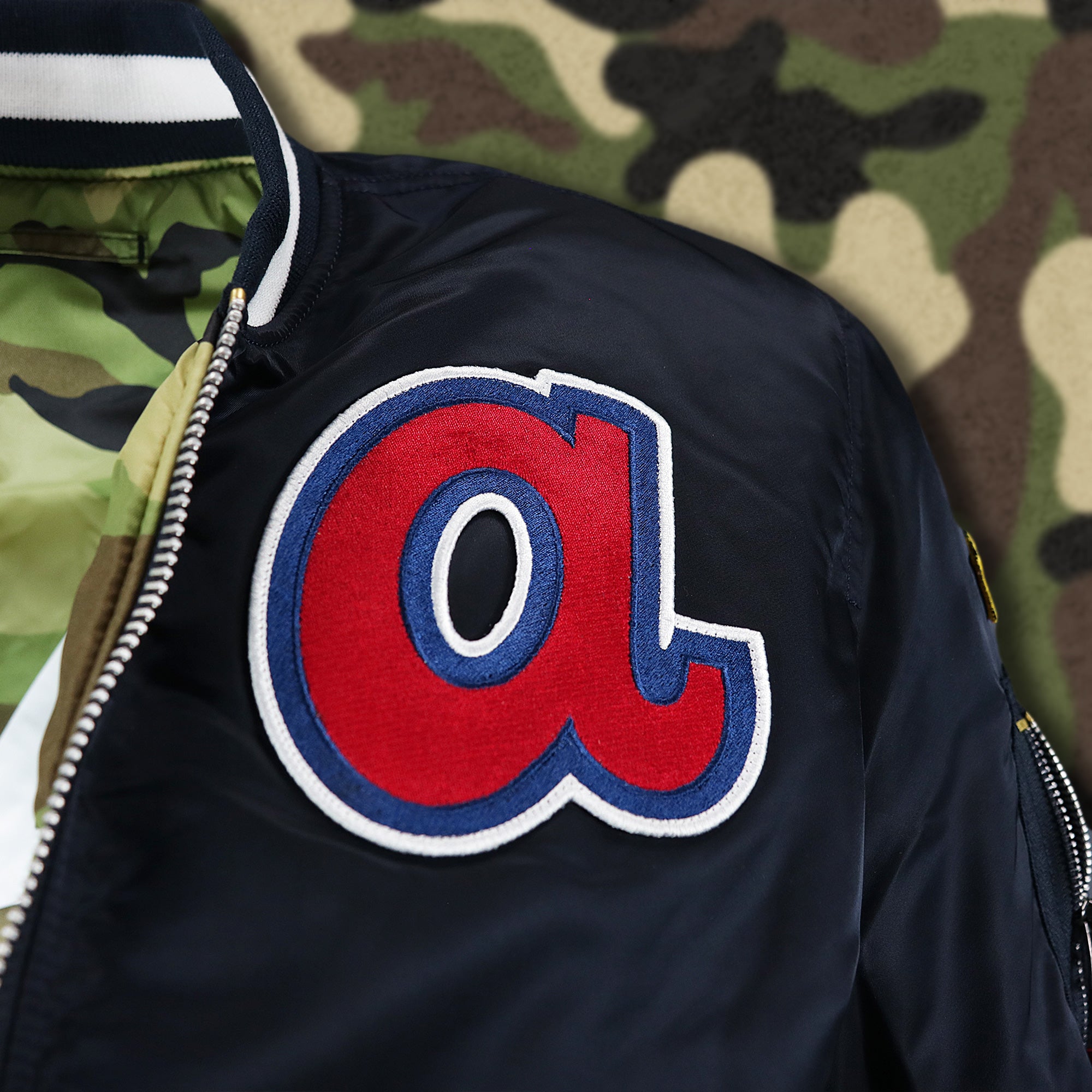 Atlanta Braves MLB Patch Alpha Industries Reversible Bomber Jacket With Camo Liner | Navy Blue Bomber Jacket