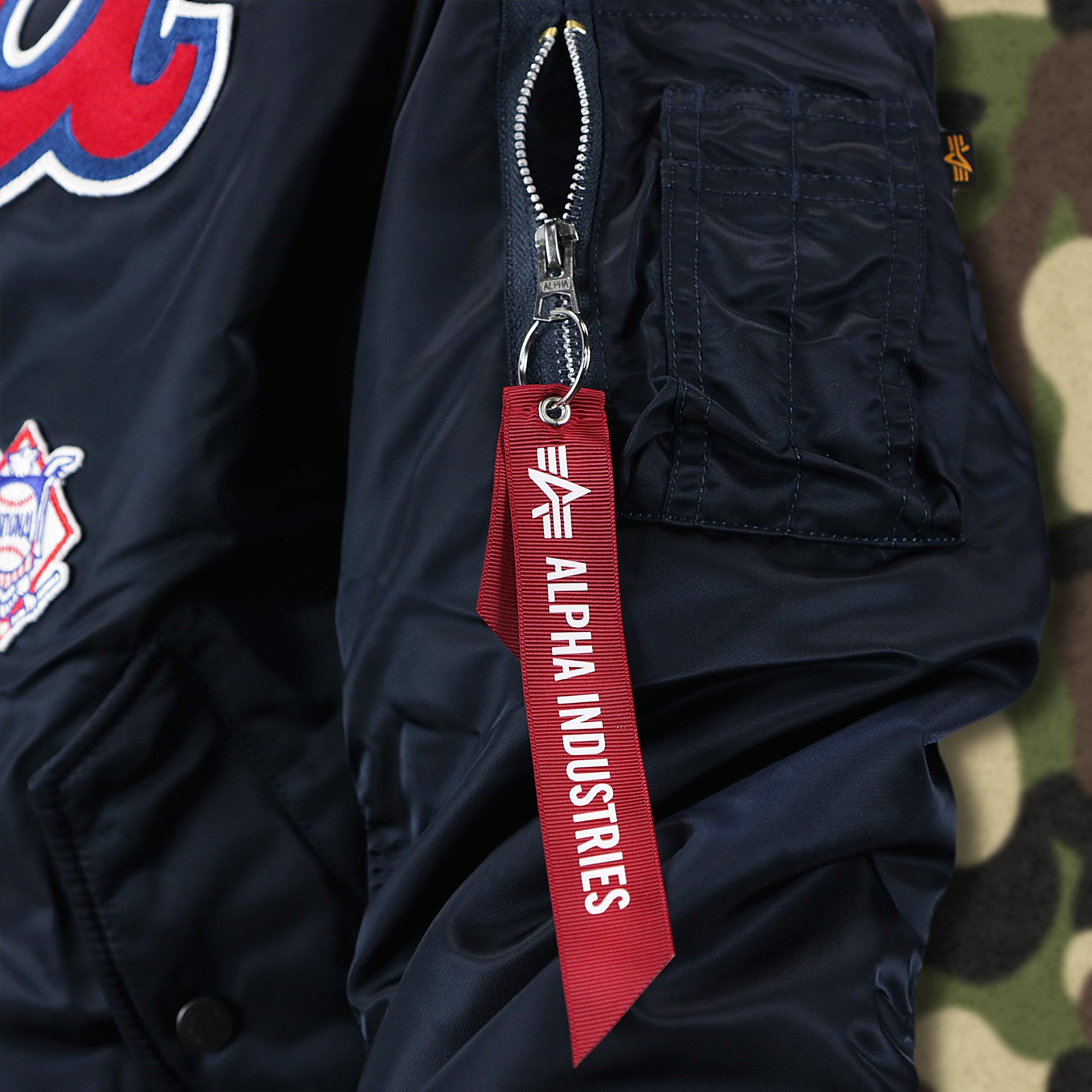 Atlanta Braves MLB Patch Alpha Industries Reversible Bomber Jacket With Camo Liner | Navy Blue Bomber Jacket