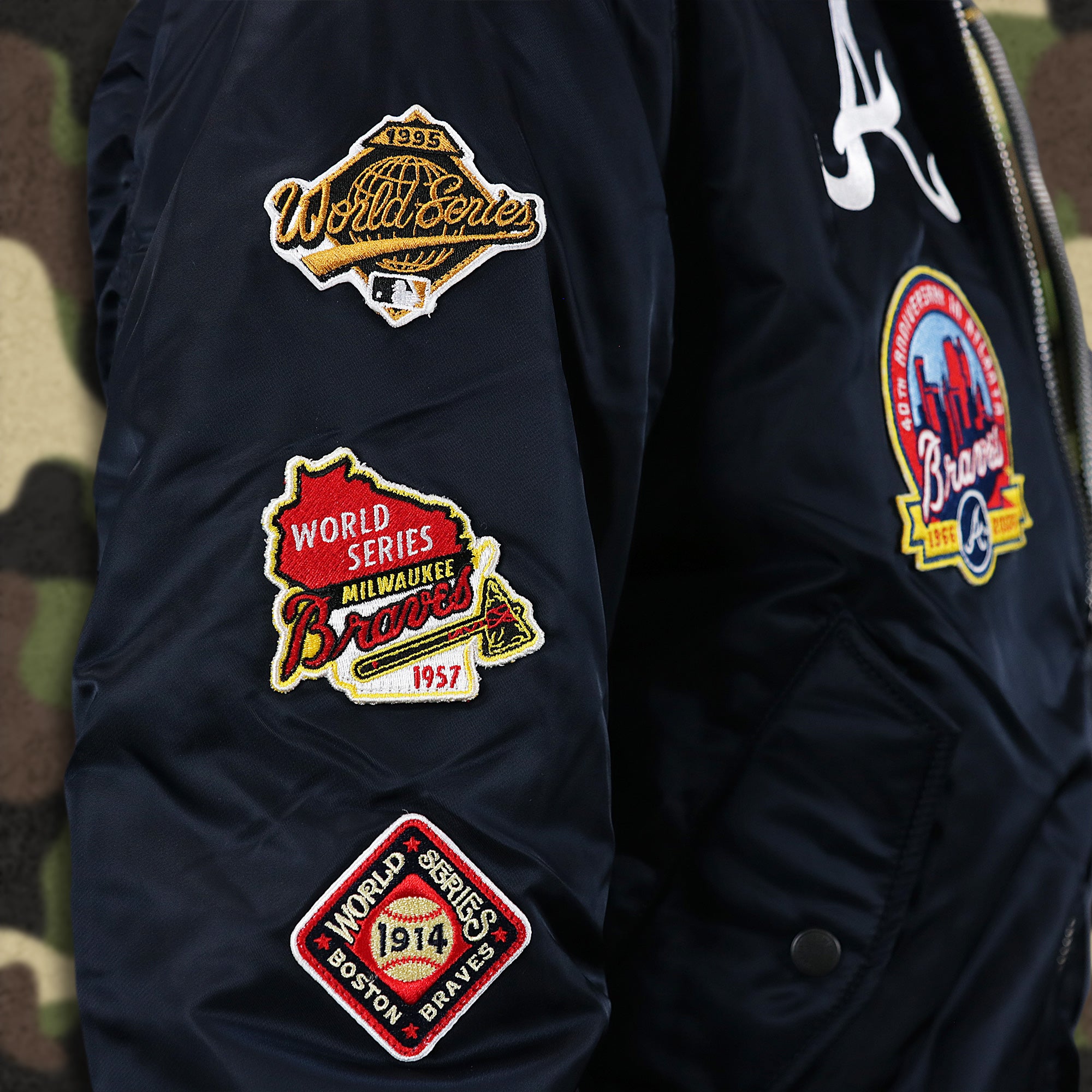 Atlanta Braves MLB Patch Alpha Industries Reversible Bomber Jacket With Camo Liner | Navy Blue Bomber Jacket