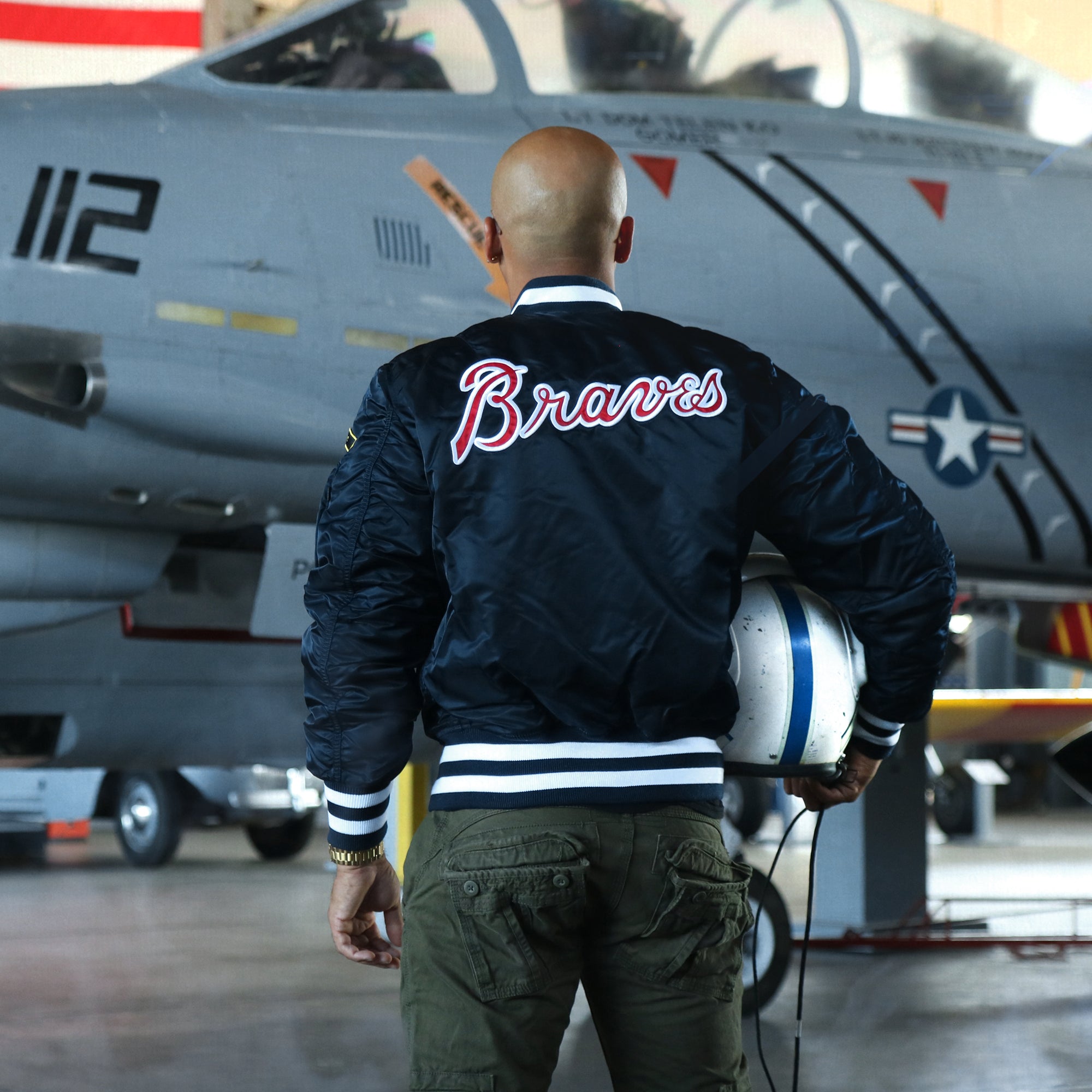 Atlanta Braves MLB Patch Alpha Industries Reversible Bomber Jacket With Camo Liner | Navy Blue Bomber Jacket