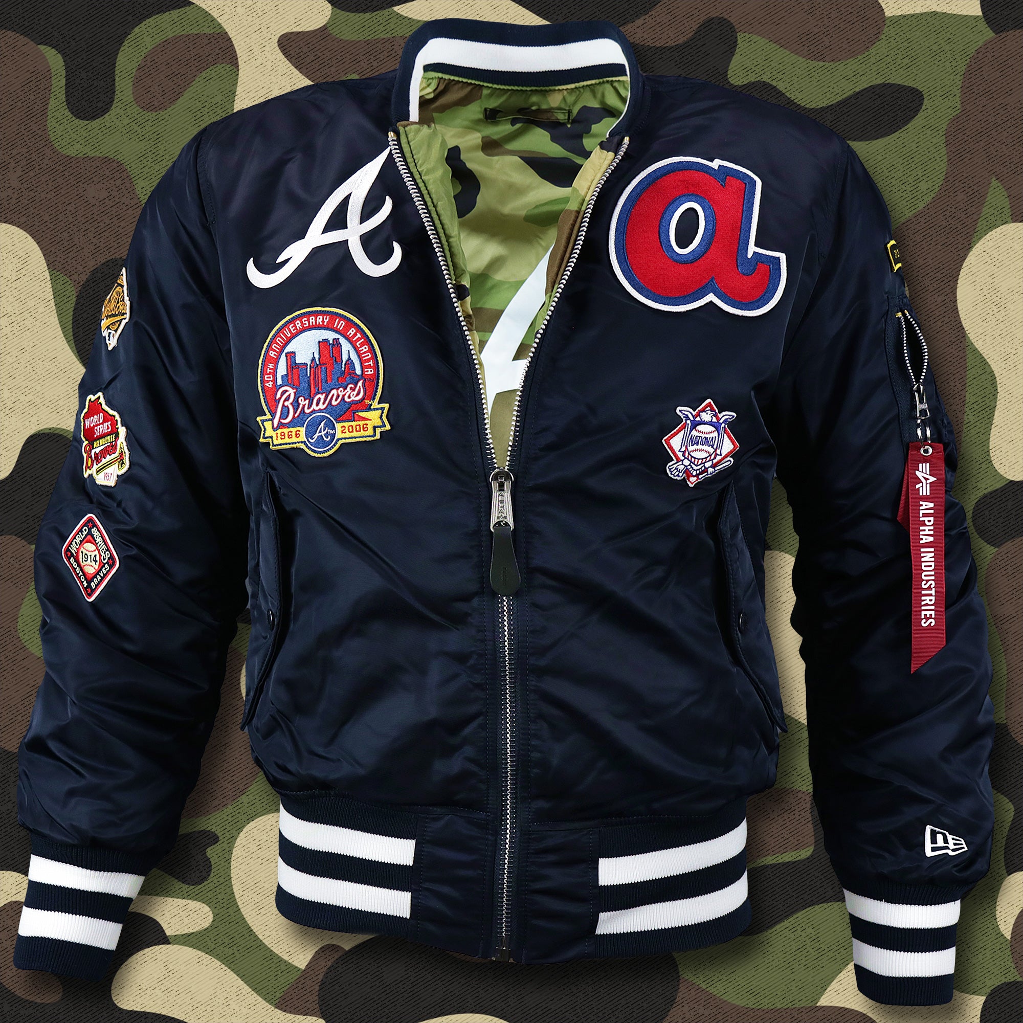 Atlanta Braves MLB Patch Alpha Industries Reversible Bomber Jacket With Camo Liner | Navy Blue Bomber Jacket