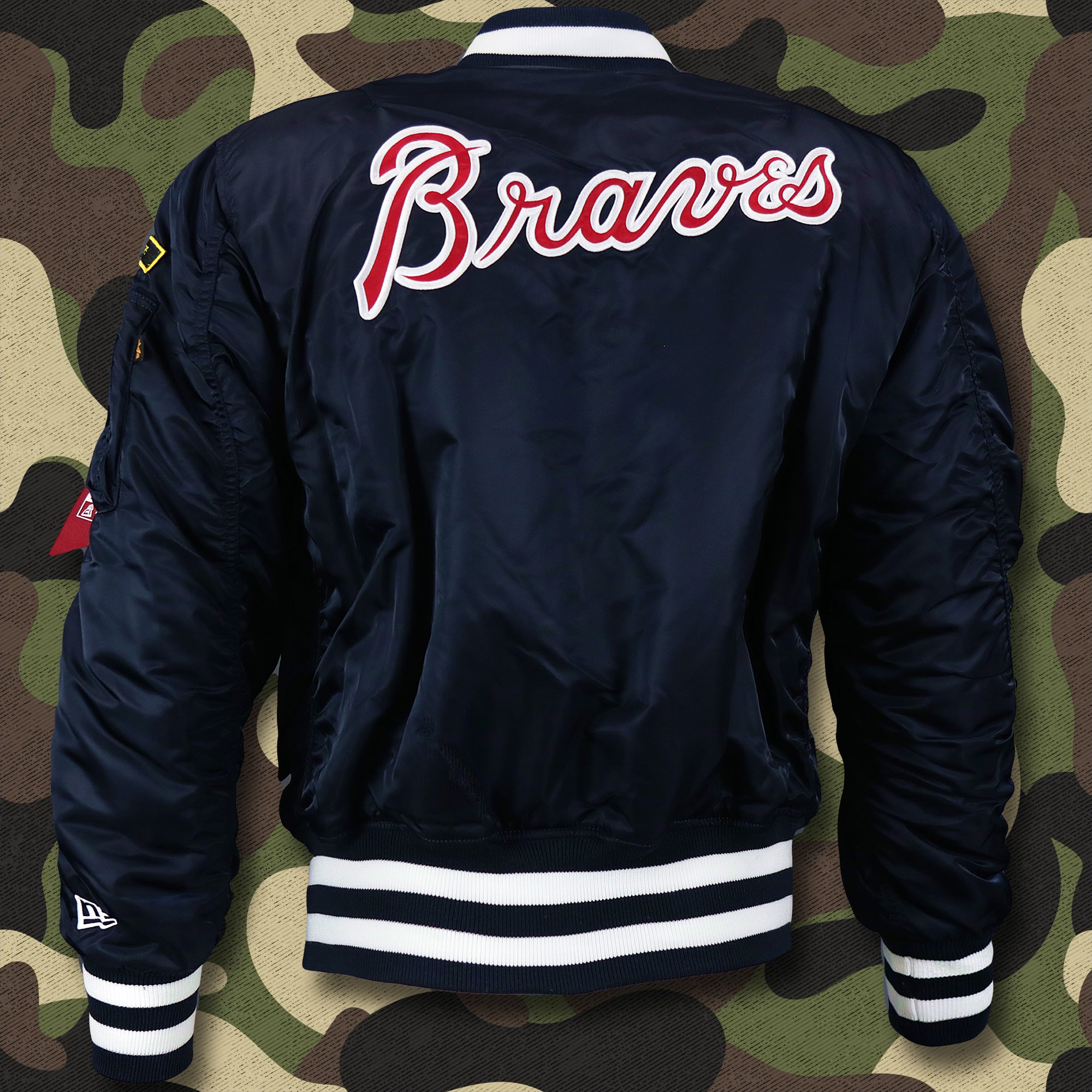 Atlanta Braves MLB Patch Alpha Industries Reversible Bomber Jacket With Camo Liner | Navy Blue Bomber Jacket