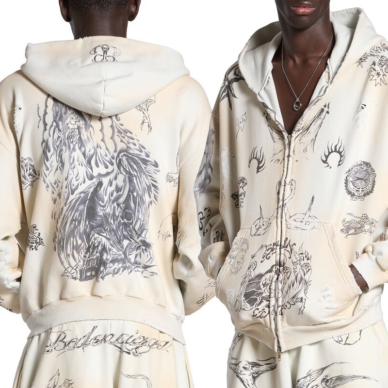 BALENCIAGA  |Men's Tat Zip-up Hoodie Medium Fit in Off White/black