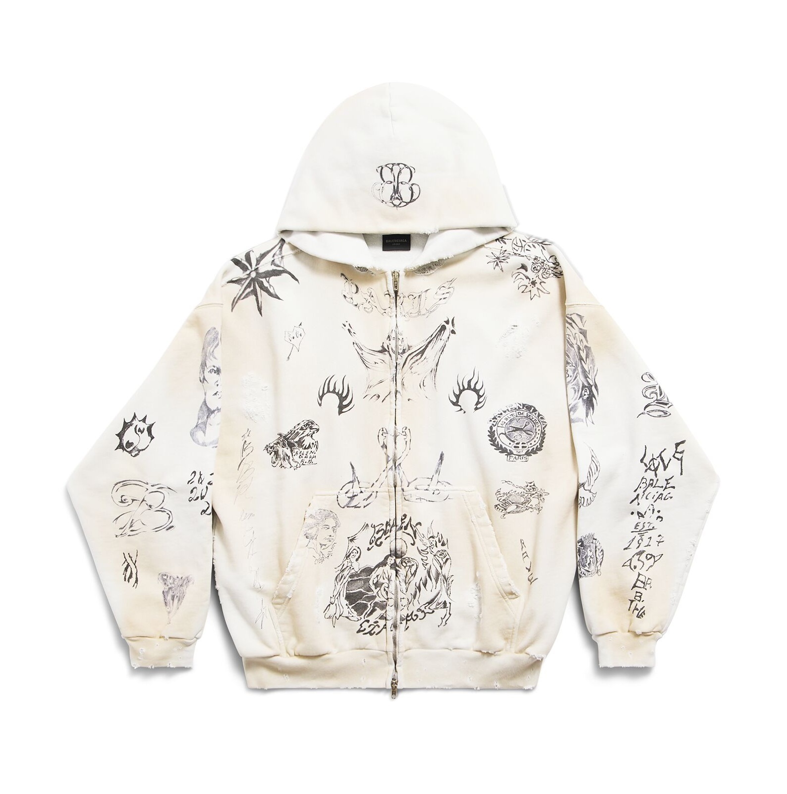 BALENCIAGA  |Men's Tat Zip-up Hoodie Medium Fit in Off White/black