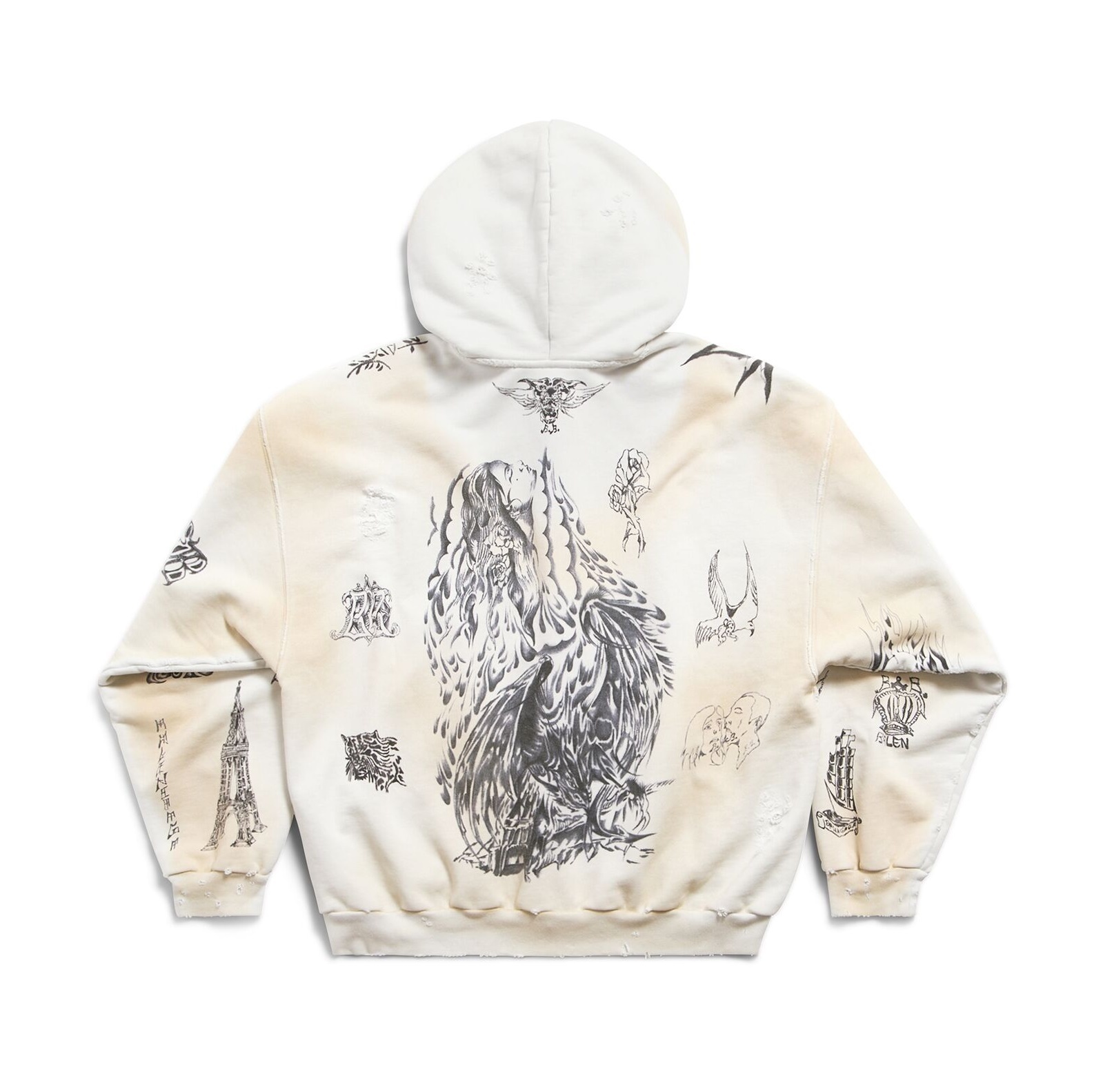 BALENCIAGA  |Men's Tat Zip-up Hoodie Medium Fit in Off White/black