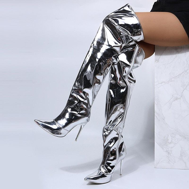 Bigsweety Women's Over-the-Knee Mirror Platform Pointy Toe Boots with High Thin Heels