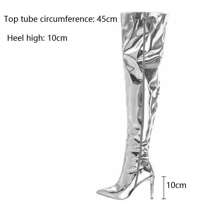 Bigsweety Women's Over-the-Knee Mirror Platform Pointy Toe Boots with High Thin Heels