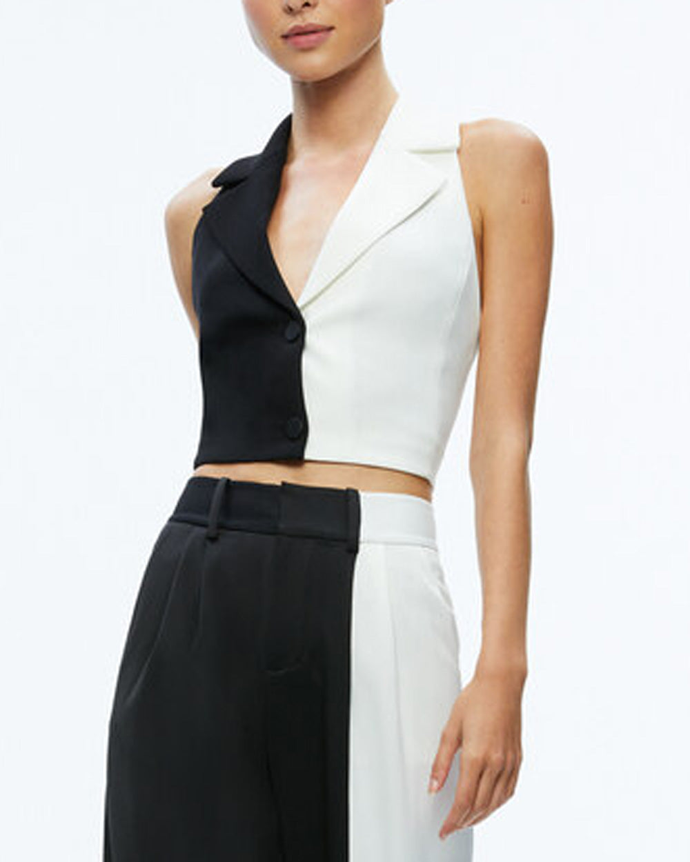 Black and Off White Colorblock Cropped Meri Blazer Tank