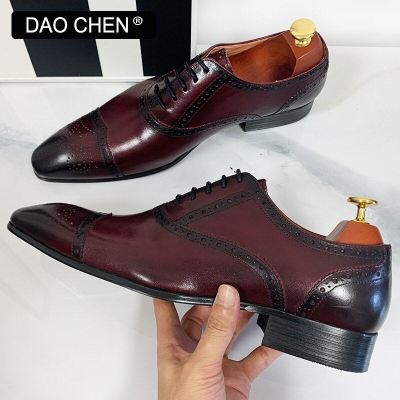 BLACK RED LACE UP CAP TOE CASUAL MEN DRESS SHOES