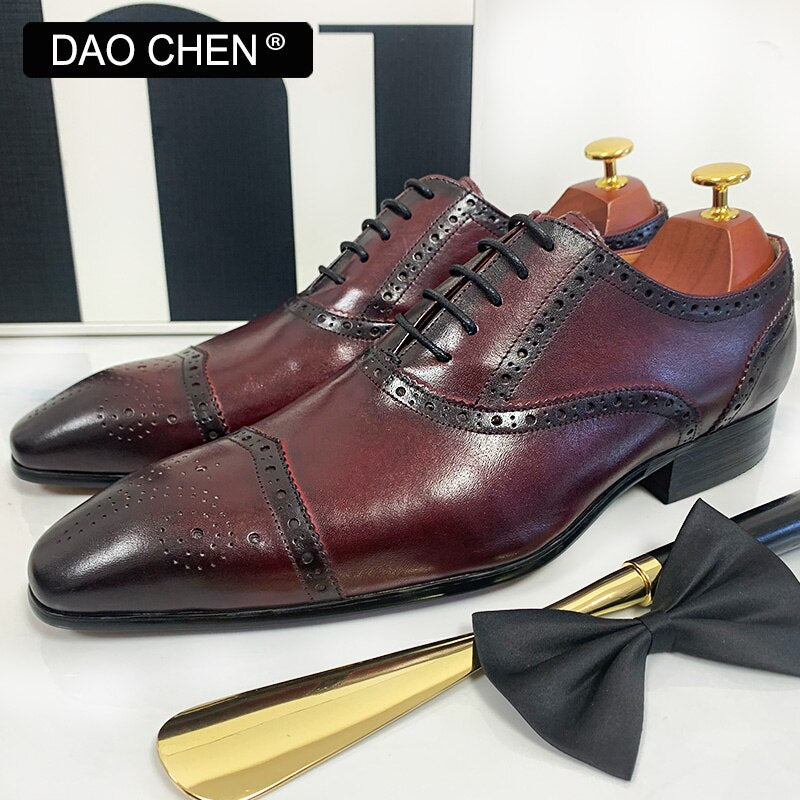 BLACK RED LACE UP CAP TOE CASUAL MEN DRESS SHOES