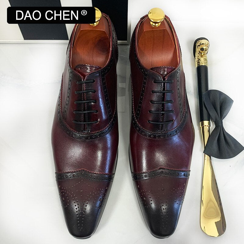 BLACK RED LACE UP CAP TOE CASUAL MEN DRESS SHOES