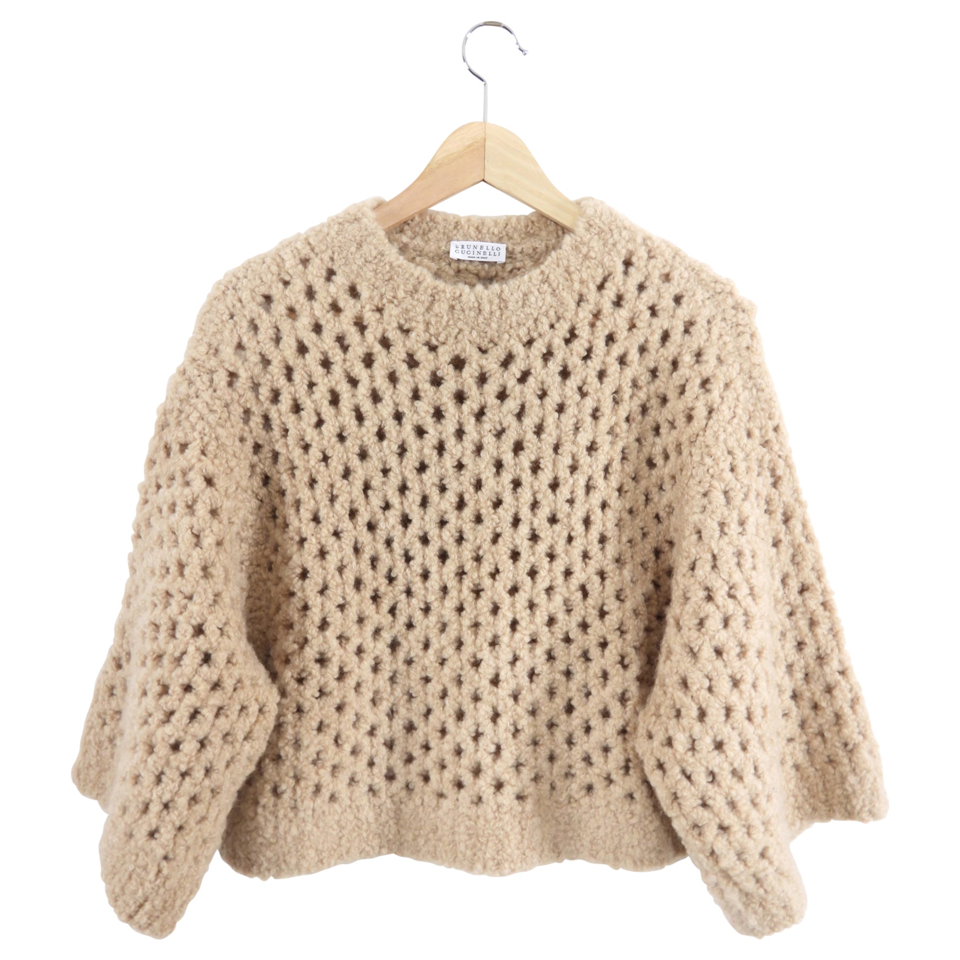 Brunello Cucinelli Beige Open Knit Boucle Camel Short Sweater - S