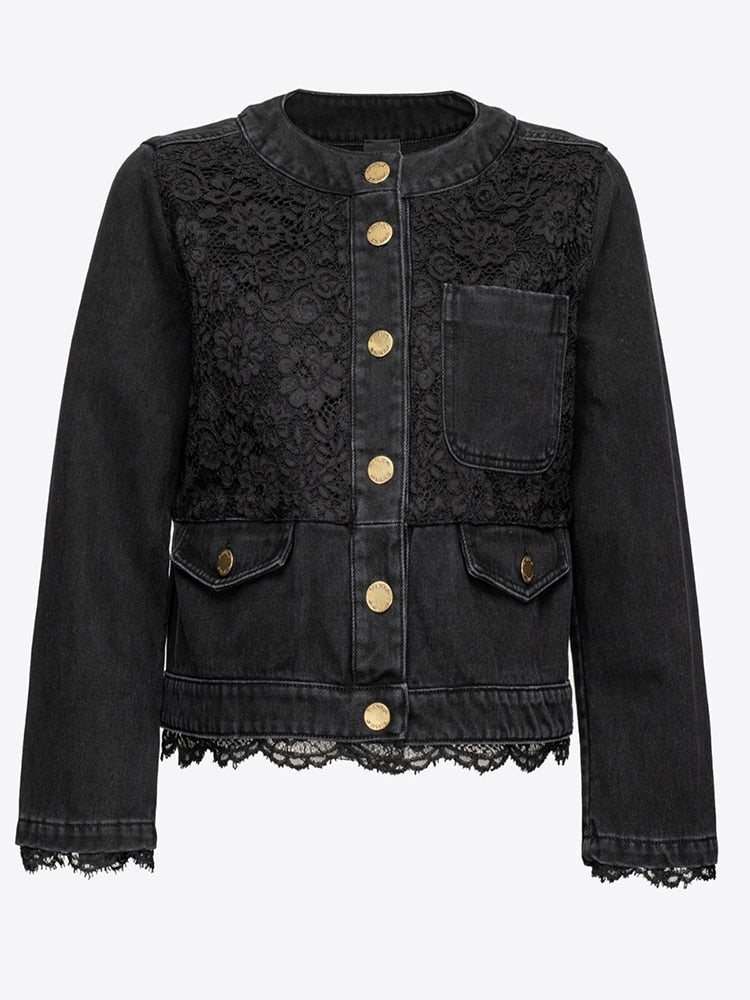 Casual Spliced Lace Denim Coats For Women Round Neck Long Sleeve Patchwork Buttons Solid Loose Jacket Female Spring Clothing