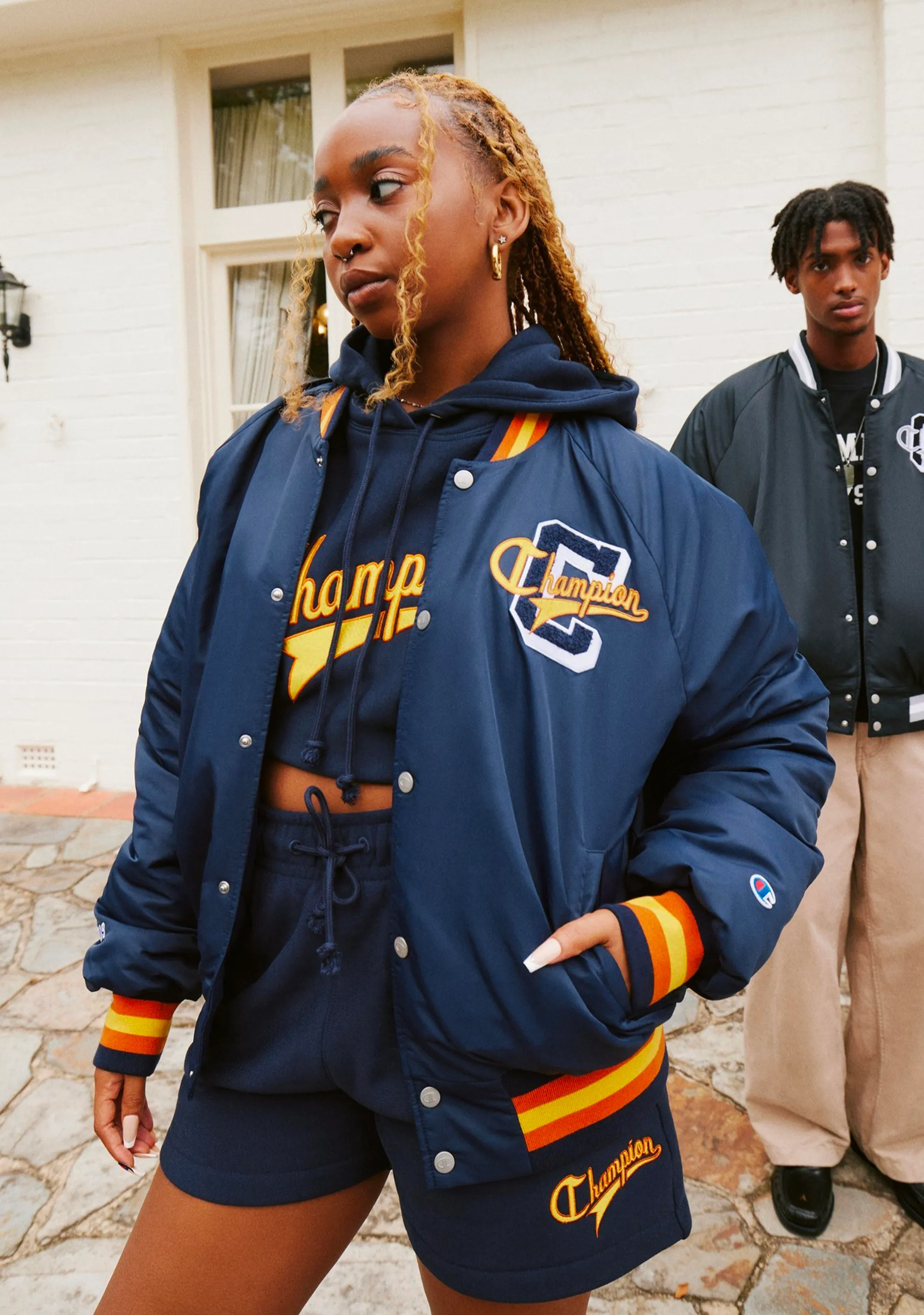 Champion Womens ReBound Letterman Jacket <br> CREMN NAV