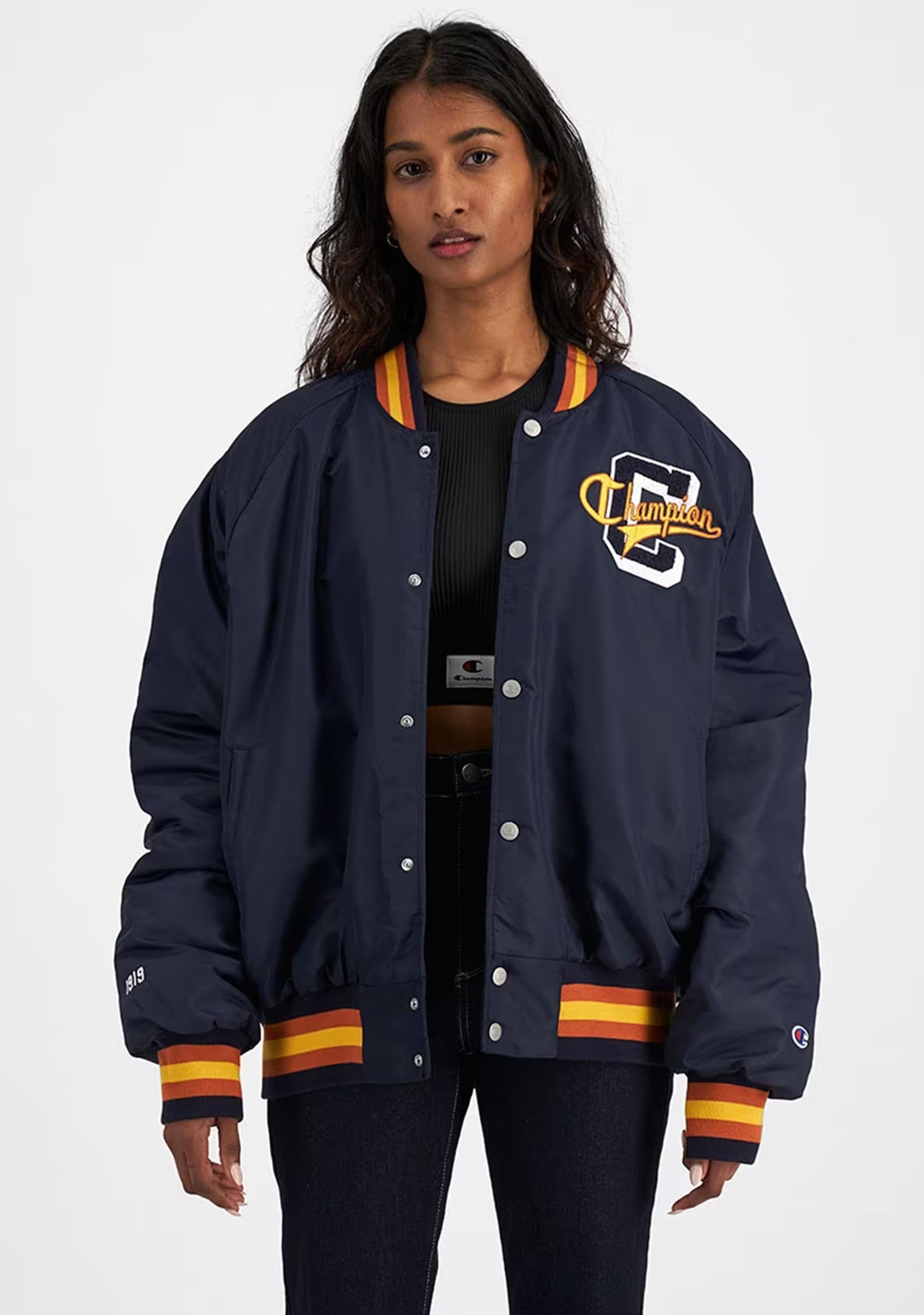 Champion Womens ReBound Letterman Jacket <br> CREMN NAV