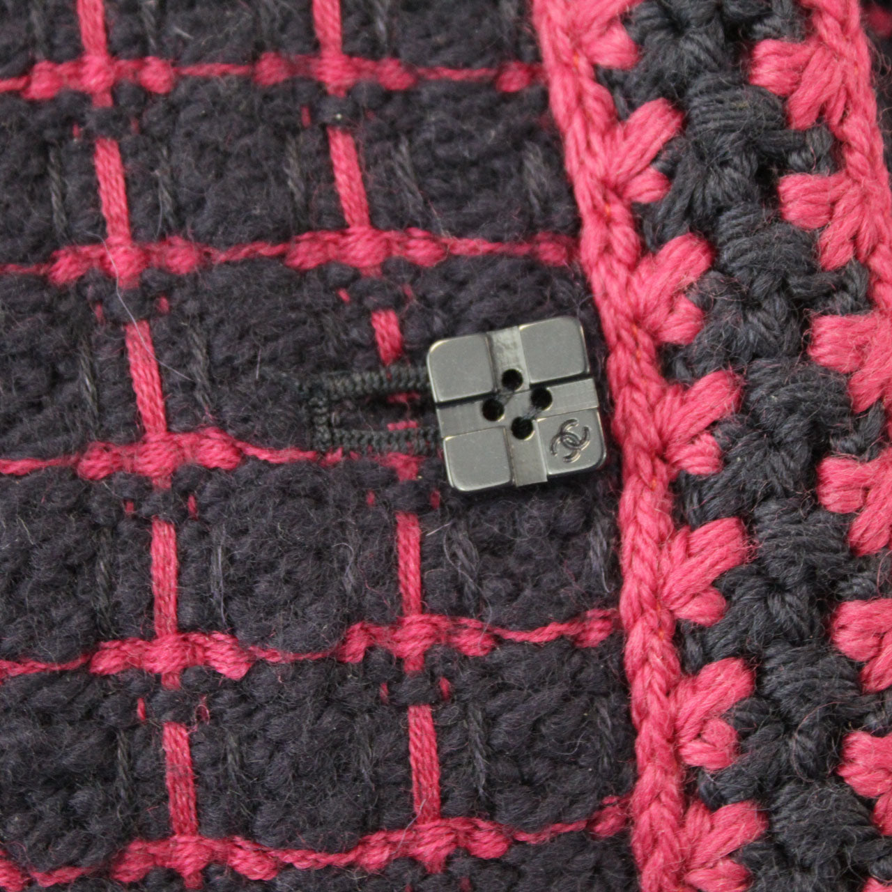 Chanel Navy & Fuschsia Check Wool & Alpaca Crochet Trim Coat S