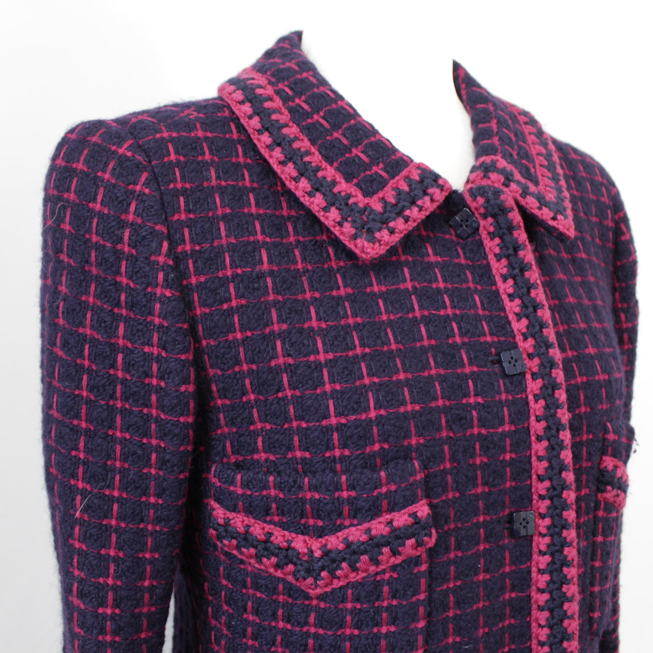 Chanel Navy & Fuschsia Check Wool & Alpaca Crochet Trim Coat S