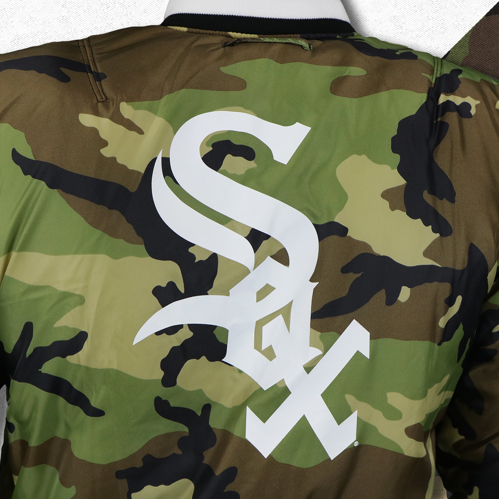 Chicago White Sox MLB Patch Alpha Industries Reversible Bomber Jacket With Camo Liner | Black Bomber Jacket