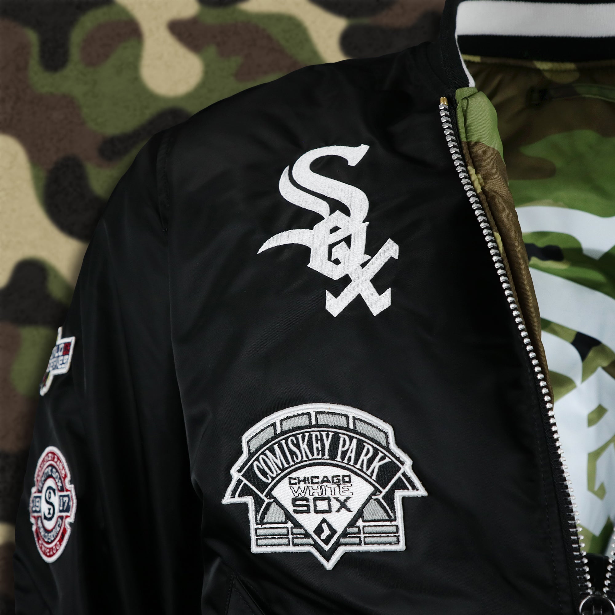 Chicago White Sox MLB Patch Alpha Industries Reversible Bomber Jacket With Camo Liner | Black Bomber Jacket