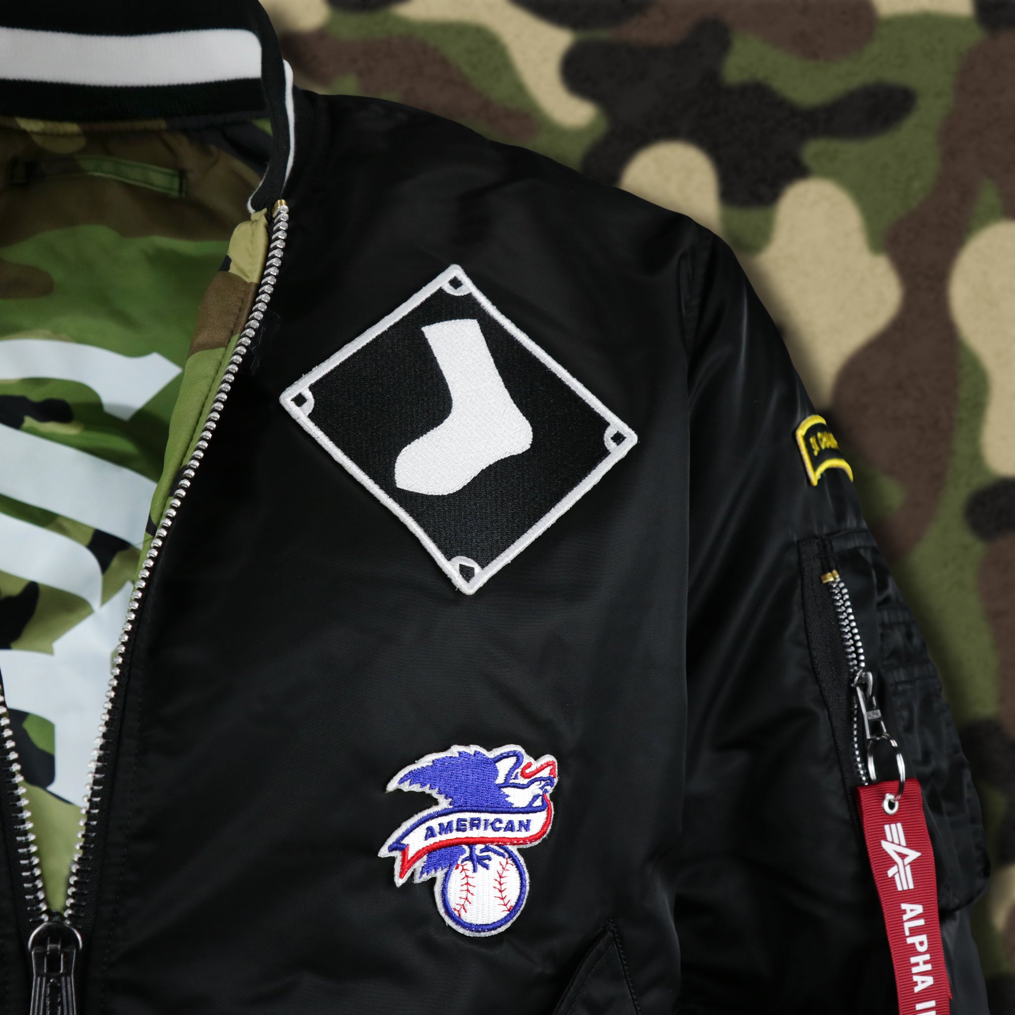 Chicago White Sox MLB Patch Alpha Industries Reversible Bomber Jacket With Camo Liner | Black Bomber Jacket