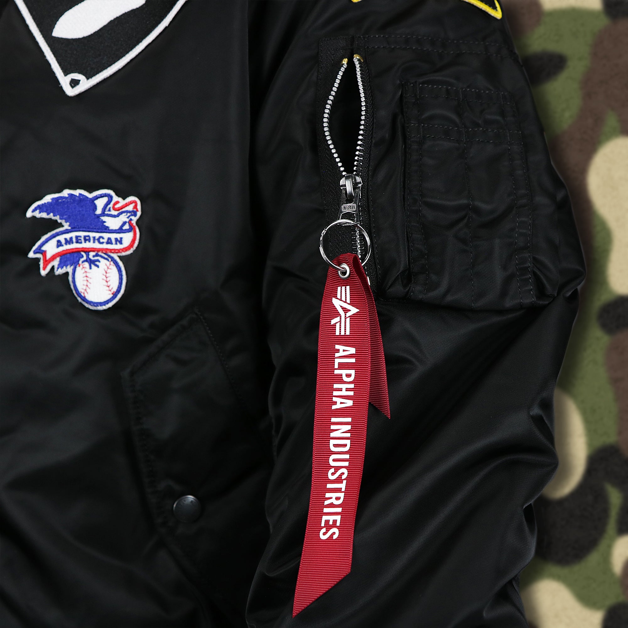 Chicago White Sox MLB Patch Alpha Industries Reversible Bomber Jacket With Camo Liner | Black Bomber Jacket