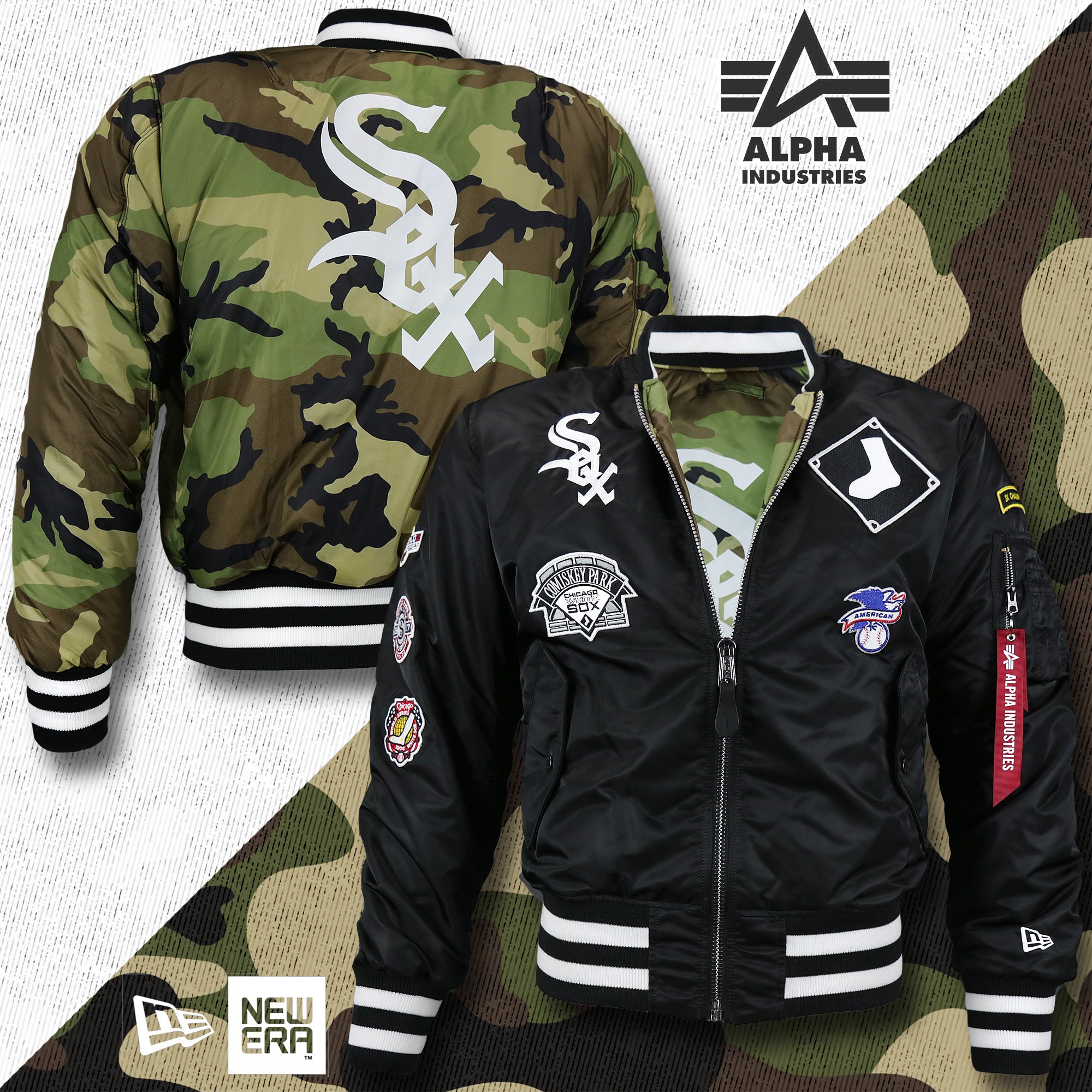 Chicago White Sox MLB Patch Alpha Industries Reversible Bomber Jacket With Camo Liner | Black Bomber Jacket