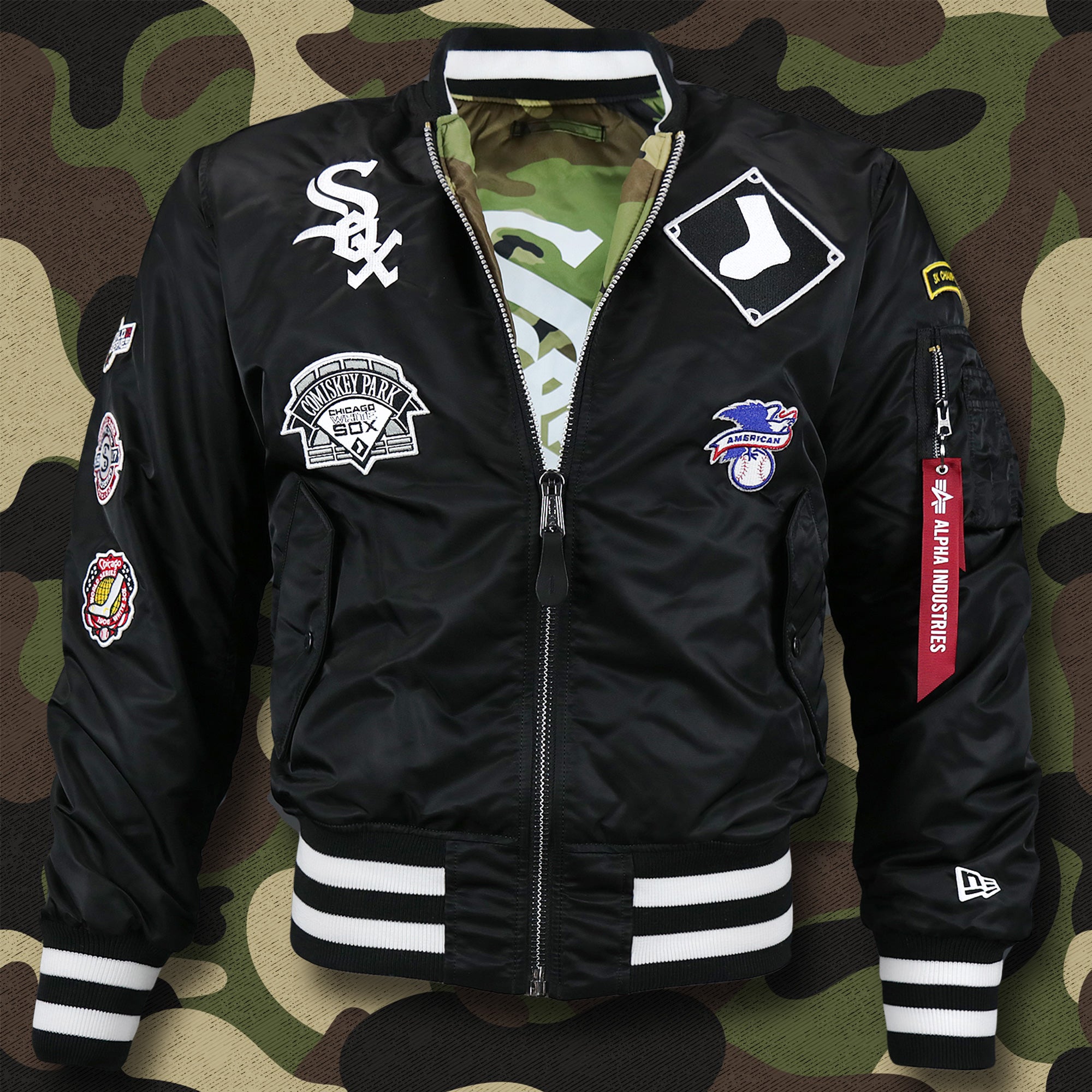 Chicago White Sox MLB Patch Alpha Industries Reversible Bomber Jacket With Camo Liner | Black Bomber Jacket