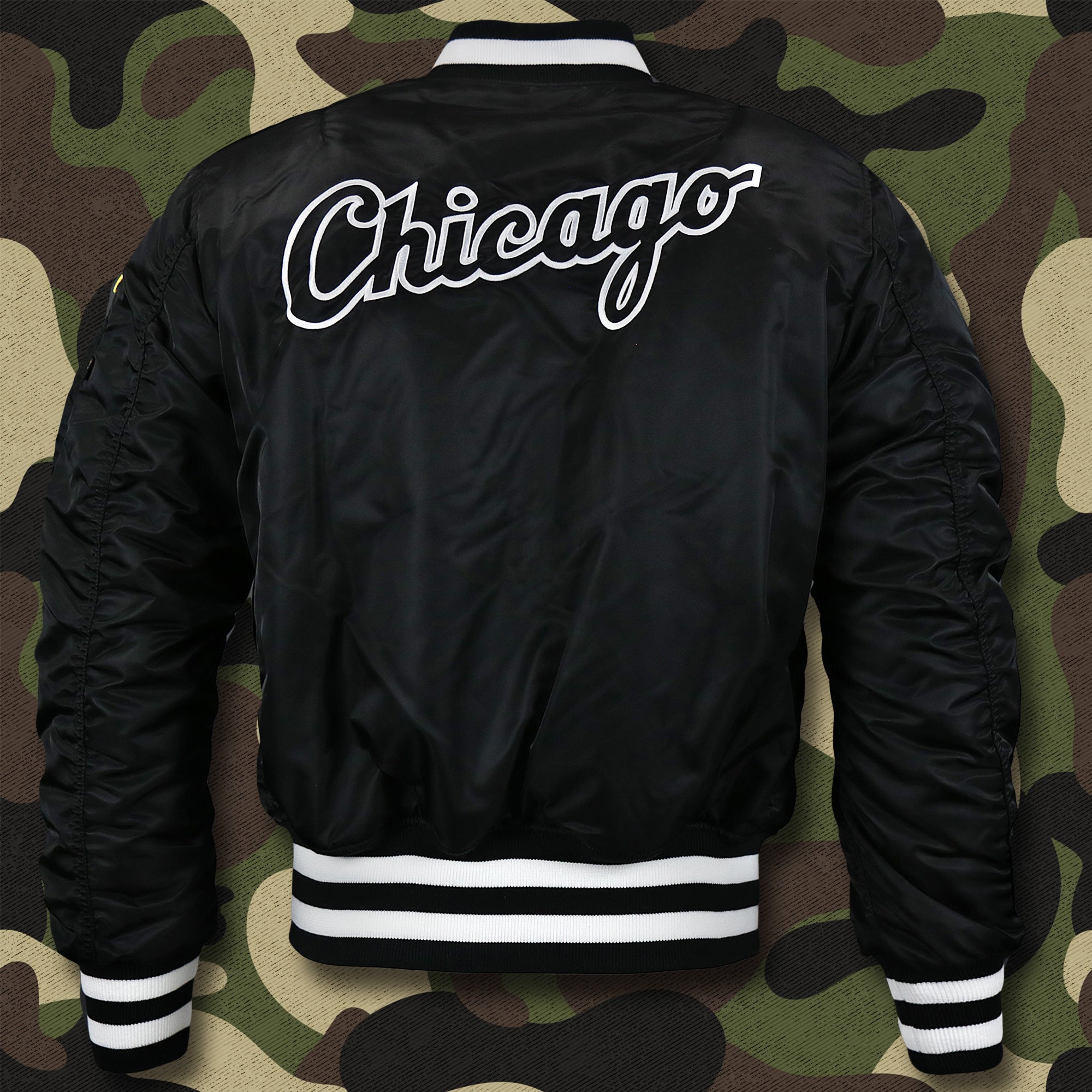 Chicago White Sox MLB Patch Alpha Industries Reversible Bomber Jacket With Camo Liner | Black Bomber Jacket