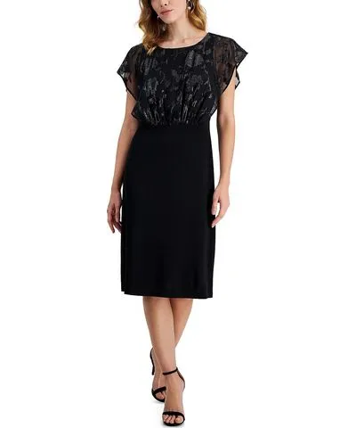 Connected Apparel Petites Womens Embroidered Cap Sleeves Sheath Dress