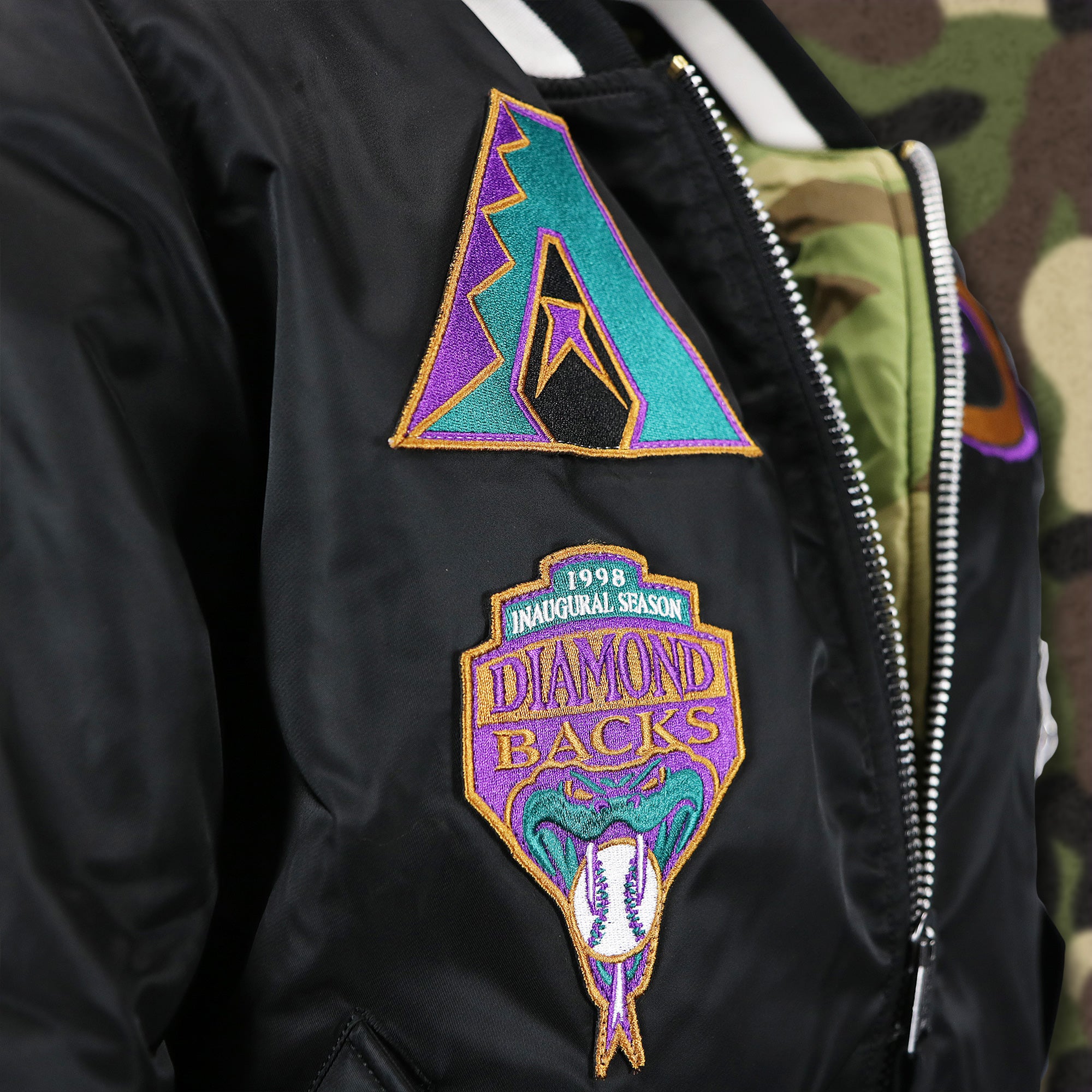 Cooperstown Arizona Diamondbacks MLB Patch Alpha Industries Reversible Bomber Jacket With Camo Liner | Black Bomber Jacket