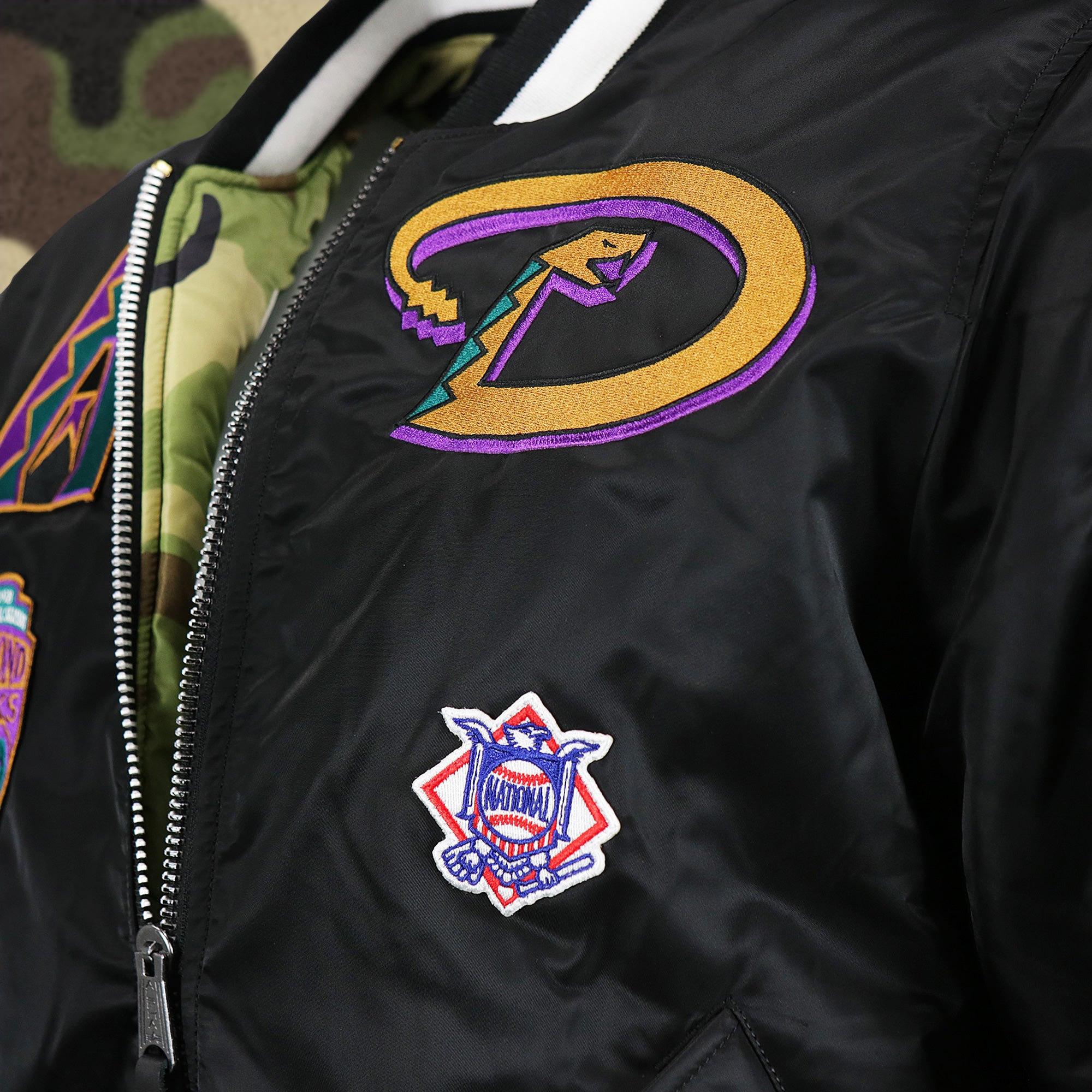 Cooperstown Arizona Diamondbacks MLB Patch Alpha Industries Reversible Bomber Jacket With Camo Liner | Black Bomber Jacket