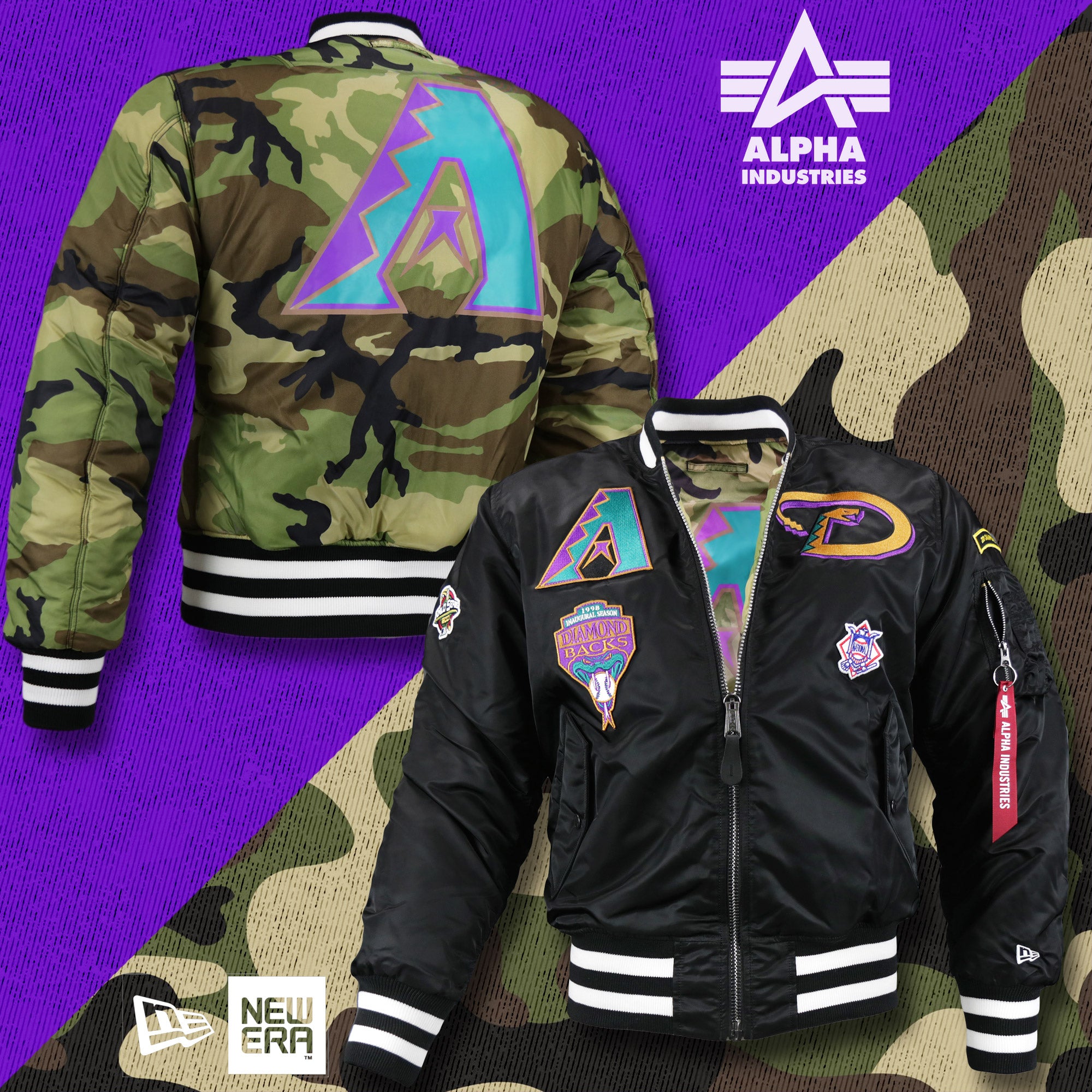 Cooperstown Arizona Diamondbacks MLB Patch Alpha Industries Reversible Bomber Jacket With Camo Liner | Black Bomber Jacket