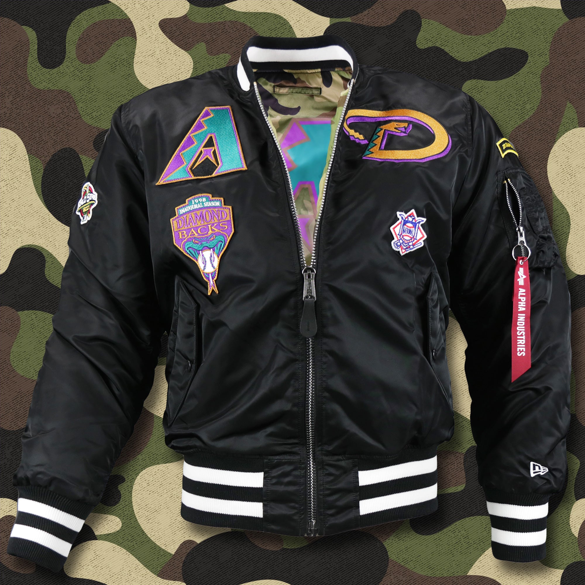 Cooperstown Arizona Diamondbacks MLB Patch Alpha Industries Reversible Bomber Jacket With Camo Liner | Black Bomber Jacket