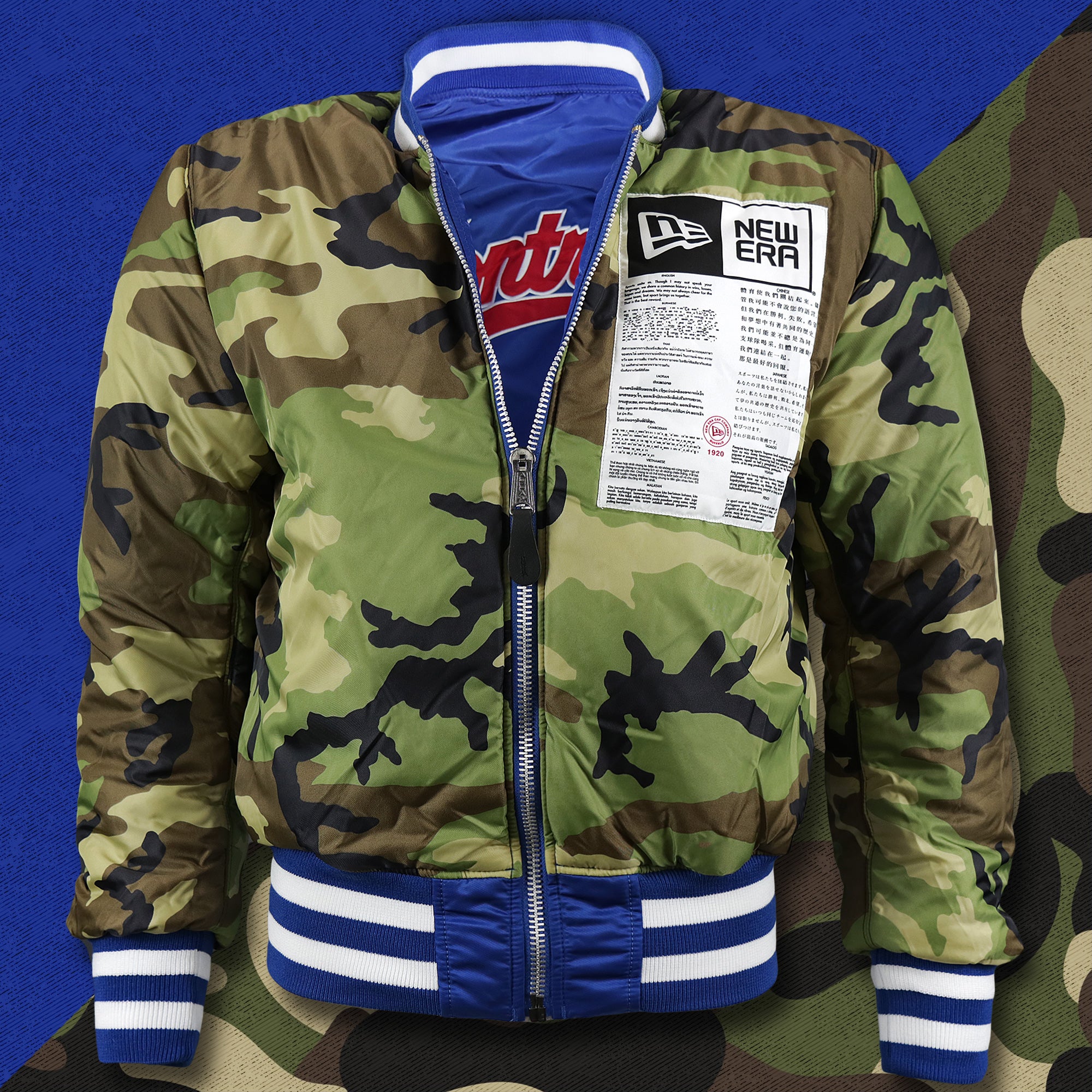 Cooperstown Montreal Expos MLB Patch Alpha Industries Reversible Bomber Jacket With Camo Liner | Royal Blue Bomber Jacket