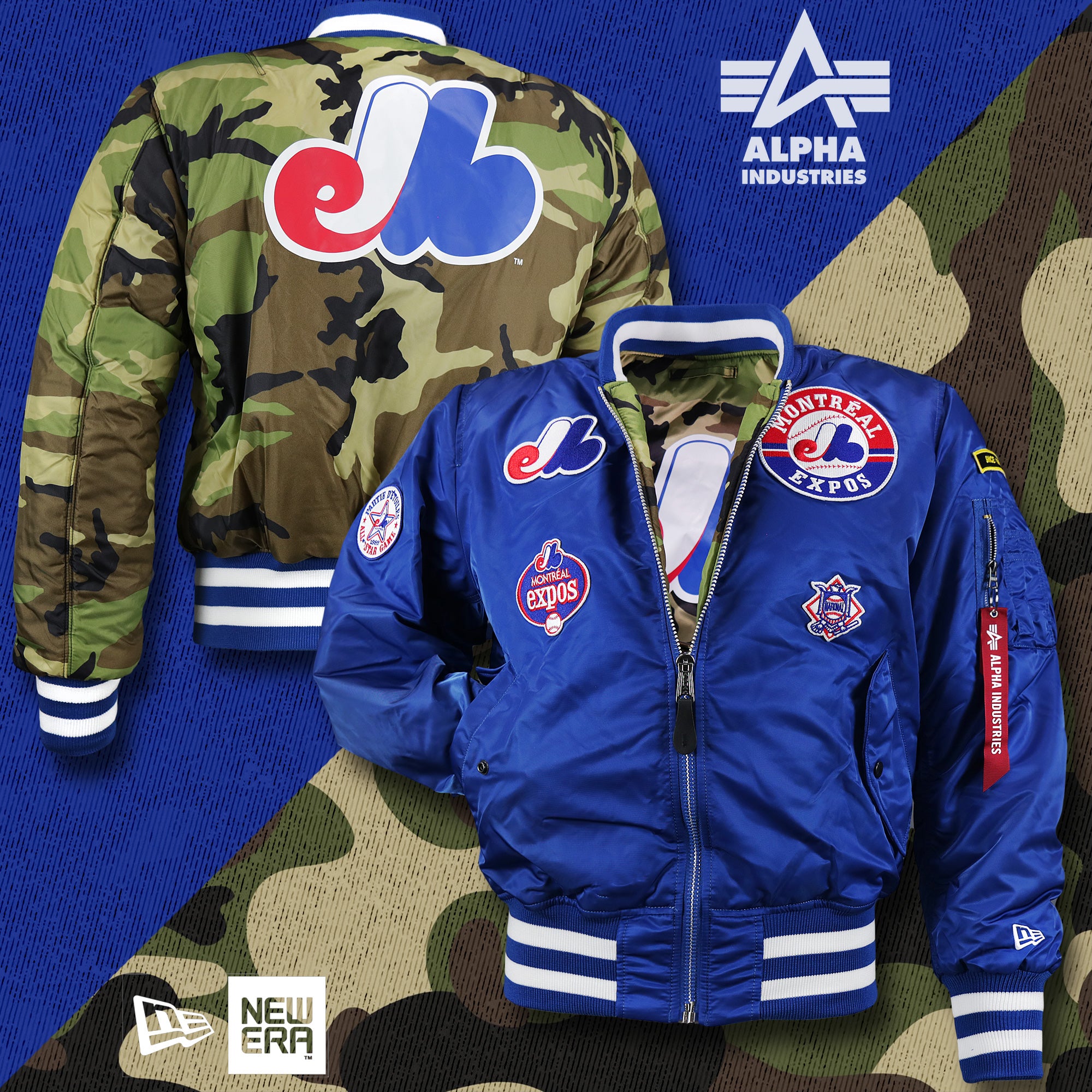 Cooperstown Montreal Expos MLB Patch Alpha Industries Reversible Bomber Jacket With Camo Liner | Royal Blue Bomber Jacket