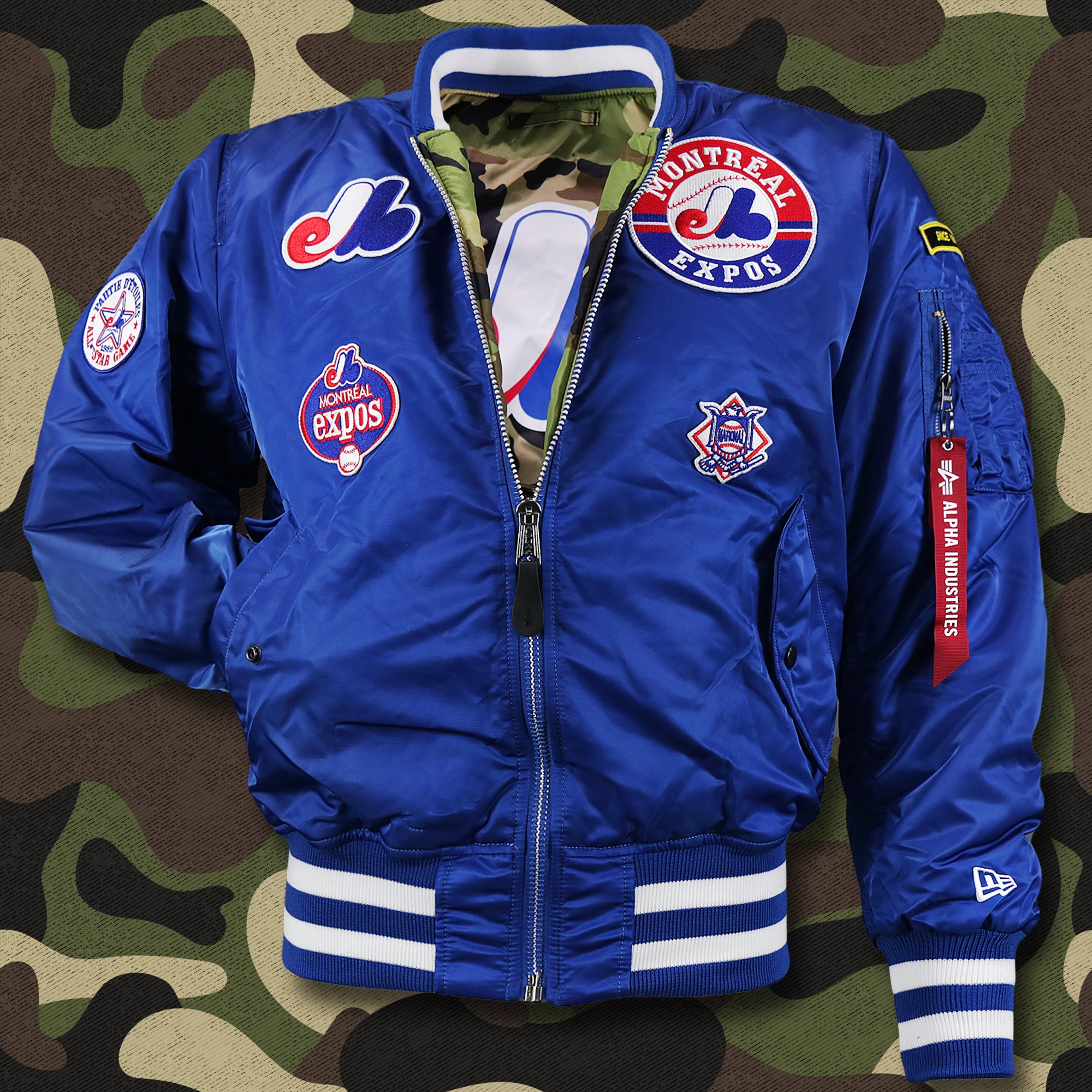 Cooperstown Montreal Expos MLB Patch Alpha Industries Reversible Bomber Jacket With Camo Liner | Royal Blue Bomber Jacket