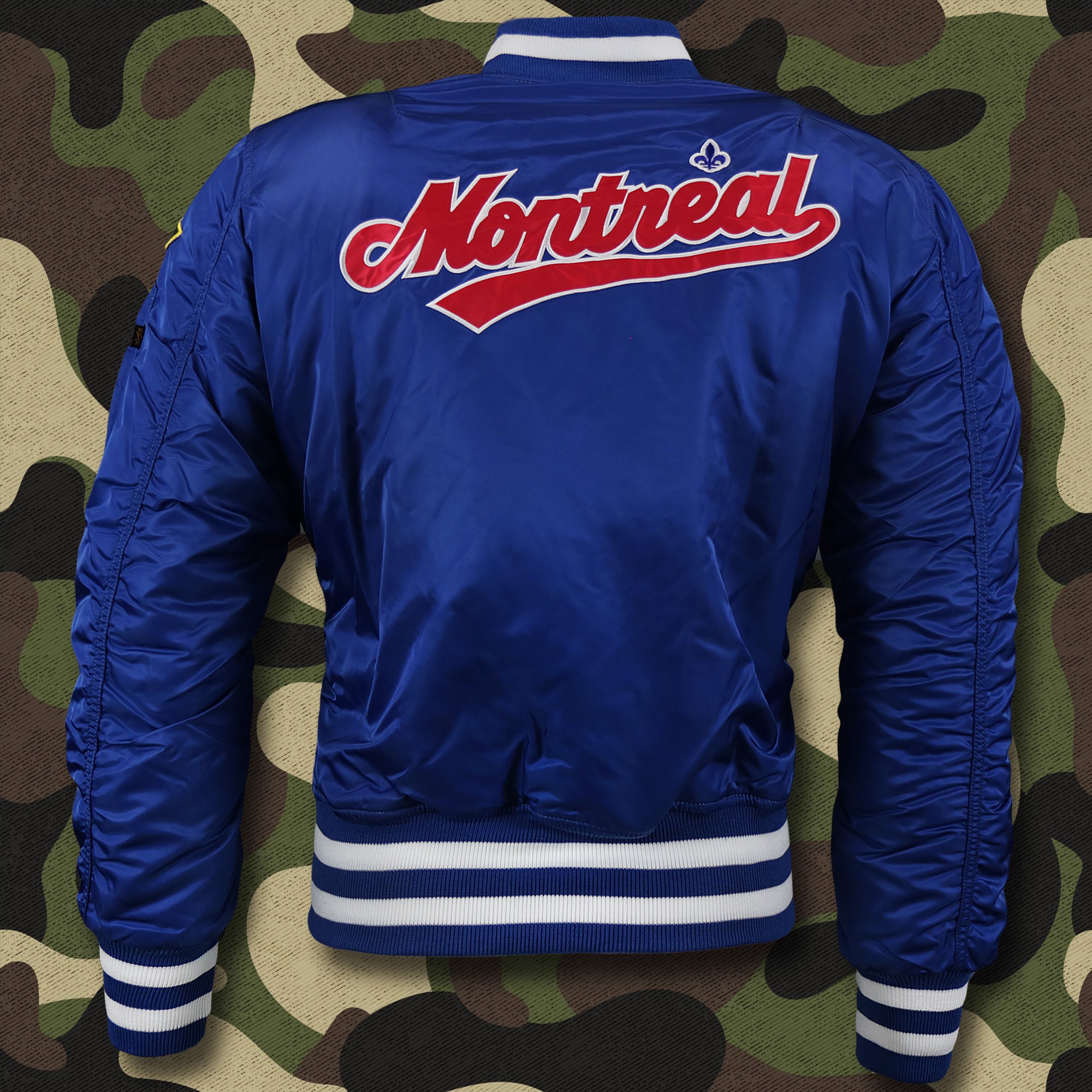 Cooperstown Montreal Expos MLB Patch Alpha Industries Reversible Bomber Jacket With Camo Liner | Royal Blue Bomber Jacket