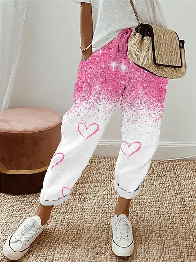 Cozy Pink Faux Linen Print High Waist Sweatpants for Women