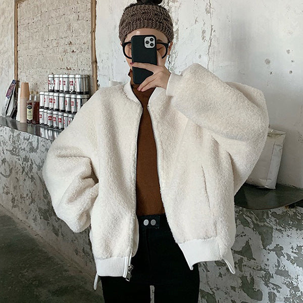 Cute Back Logo Shearling Jackets Womens Girls Korean Style Outerwear Winter Unique Warm Loose Fit Oversized Bomber