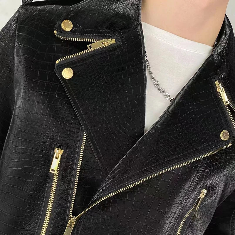 European Synthetic Leather Slim Fall Lapel Punk Motorcycle Jacket for Men