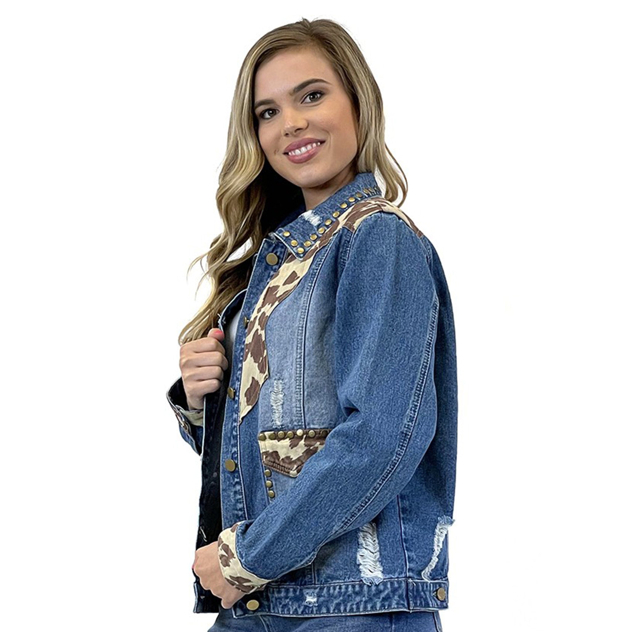 Fashion Express Women's Denim Suede Cow Studded Jacket