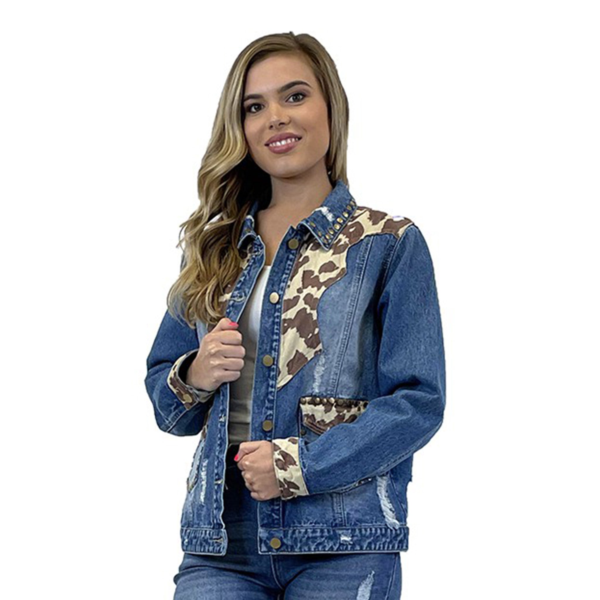 Fashion Express Women's Denim Suede Cow Studded Jacket