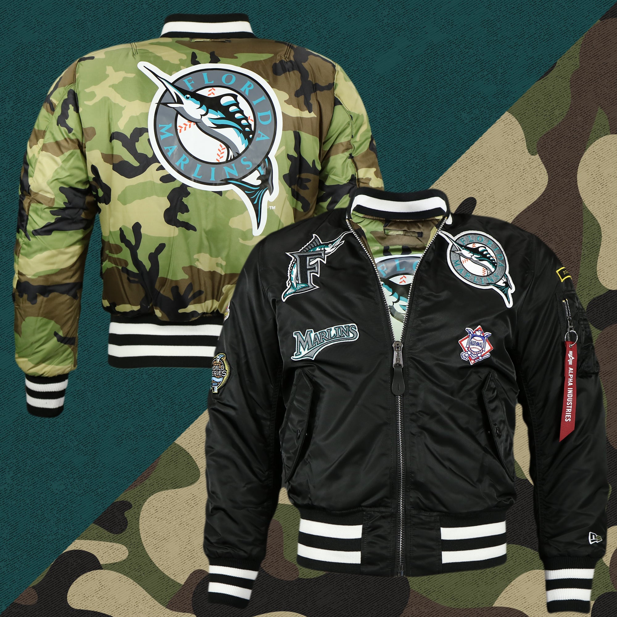 Florida Marlins MLB Patch Alpha Industries Reversible Bomber Jacket With Camo Liner | Black Bomber Jacket