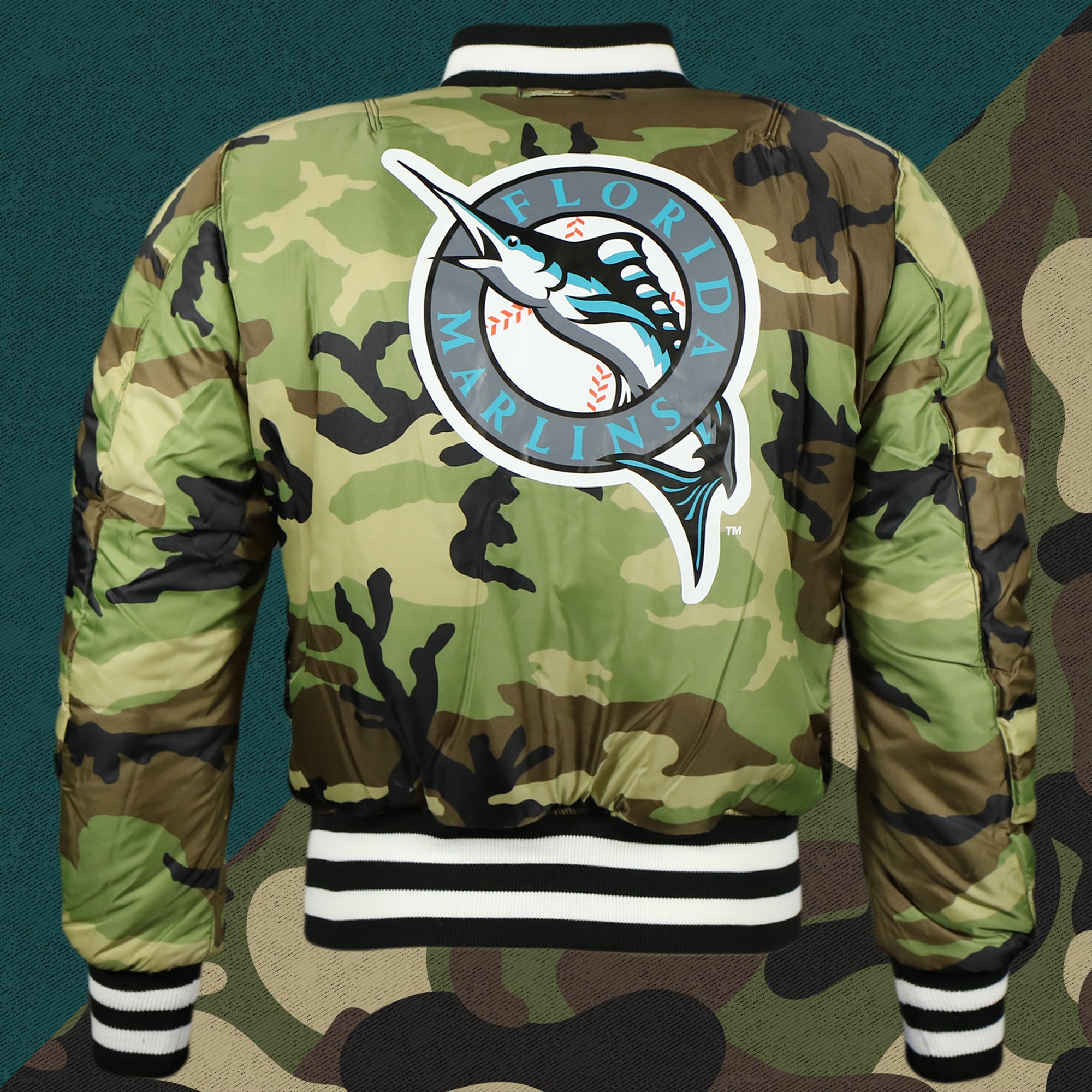 Florida Marlins MLB Patch Alpha Industries Reversible Bomber Jacket With Camo Liner | Black Bomber Jacket